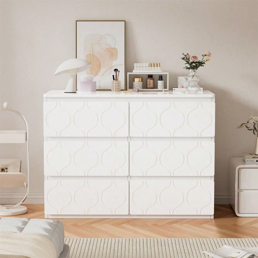 Kommode mit 6 Schubladen, Flurschrank, für Wohnzimmer, Bad und Schlafzimmer, Wellenmuster, lackiert, stoßfestes Eckdesign, 6 Fächer, 110 B x 40 T x 72 H, weiß