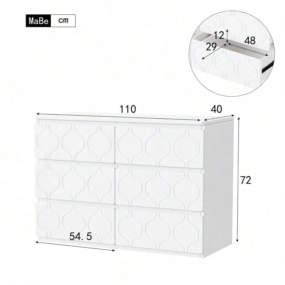 Kommode mit 6 Schubladen, Flurschrank, für Wohnzimmer, Bad und Schlafzimmer, Wellenmuster, lackiert, stoßfestes Eckdesign, 6 Fächer, 110 B x 40 T x 72 H, weiß