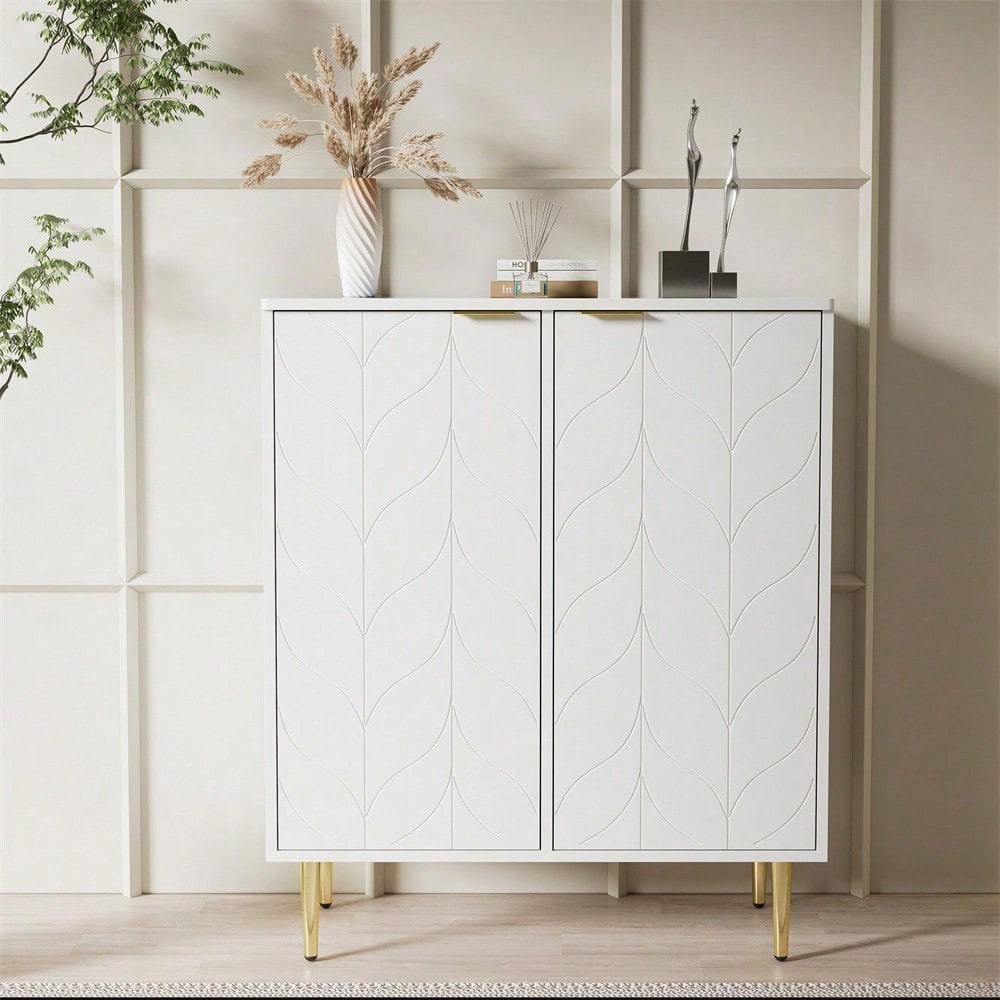 Sideboard mit 2 Türen,Kommode,Flurschrank,für Wohnzimmer,Bad-und Schlafzimmer, vergoldete Füße und Griff, florales Muster, lackiert,stoßsicheres Eckdesign, 3 Einlegeböden, 6 Fächer, 75B*40T*90H,weiß