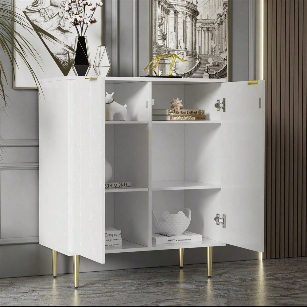 Sideboard mit 2 Türen,Kommode,Flurschrank,für Wohnzimmer,Bad-und Schlafzimmer, vergoldete Füße und Griff, florales Muster, lackiert,stoßsicheres Eckdesign, 3 Einlegeböden, 6 Fächer, 75B*40T*90H,weiß