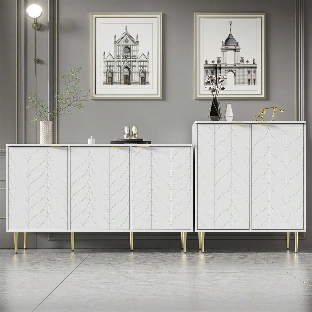 Sideboard mit 2 Türen,Kommode,Flurschrank,für Wohnzimmer,Bad-und Schlafzimmer, vergoldete Füße und Griff, florales Muster, lackiert,stoßsicheres Eckdesign, 3 Einlegeböden, 6 Fächer, 75B*40T*90H,weiß