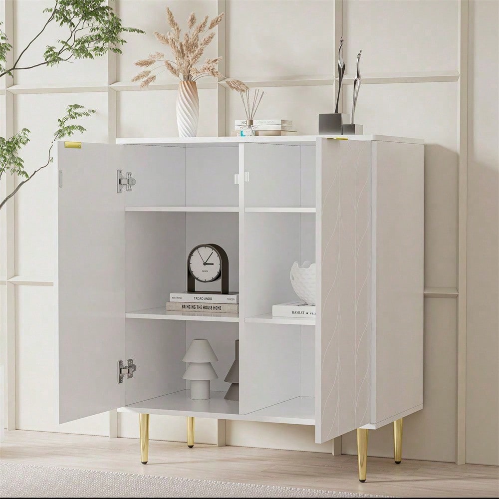 Sideboard mit 2 Türen,Kommode,Flurschrank,für Wohnzimmer,Bad-und Schlafzimmer, vergoldete Füße und Griff, florales Muster, lackiert,stoßsicheres Eckdesign, 3 Einlegeböden, 6 Fächer, 75B*40T*90H,weiß
