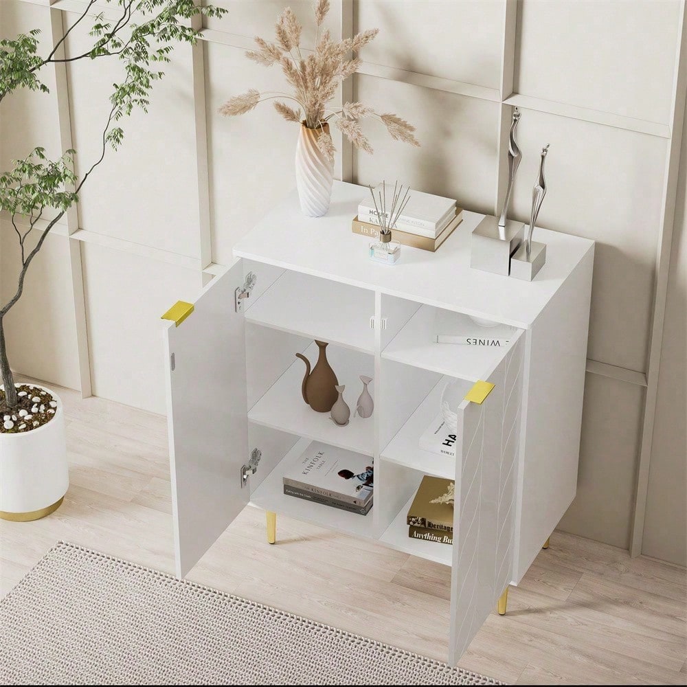 Sideboard mit 2 Türen,Kommode,Flurschrank,für Wohnzimmer,Bad-und Schlafzimmer, vergoldete Füße und Griff, florales Muster, lackiert,stoßsicheres Eckdesign, 3 Einlegeböden, 6 Fächer, 75B*40T*90H,weiß