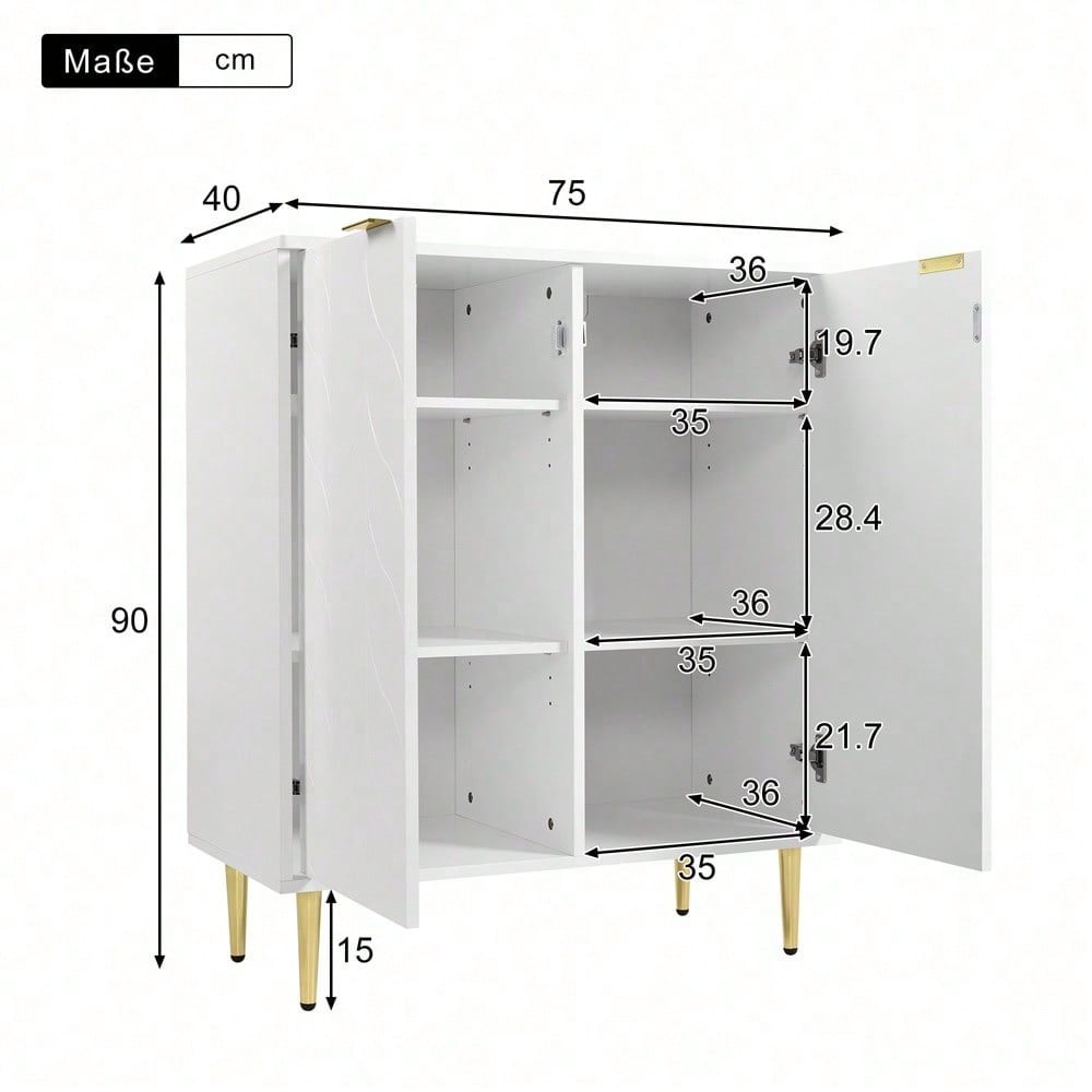 Sideboard mit 2 Türen,Kommode,Flurschrank,für Wohnzimmer,Bad-und Schlafzimmer, vergoldete Füße und Griff, florales Muster, lackiert,stoßsicheres Eckdesign, 3 Einlegeböden, 6 Fächer, 75B*40T*90H,weiß