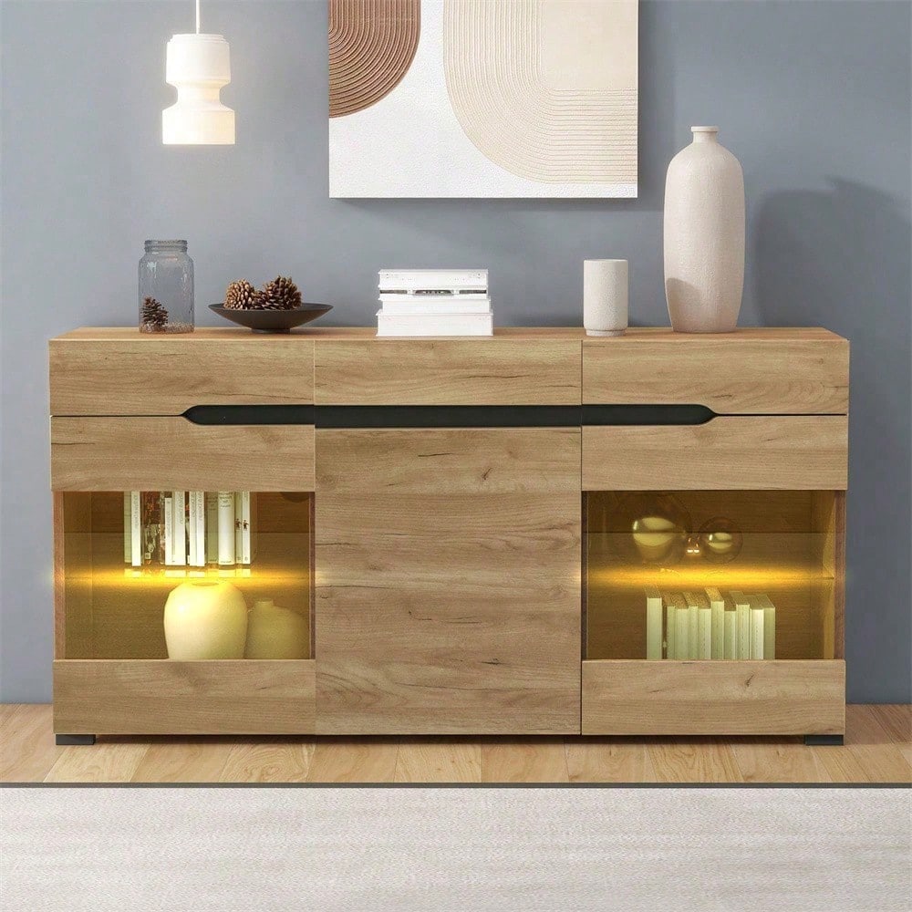 LED Sideboard Schrank Modern Wohnzimmer Anrichte Möbel 3 Türen 3 Schubladen Moderne Kommode mit viel Stauraum für Ihren Wohnbereich