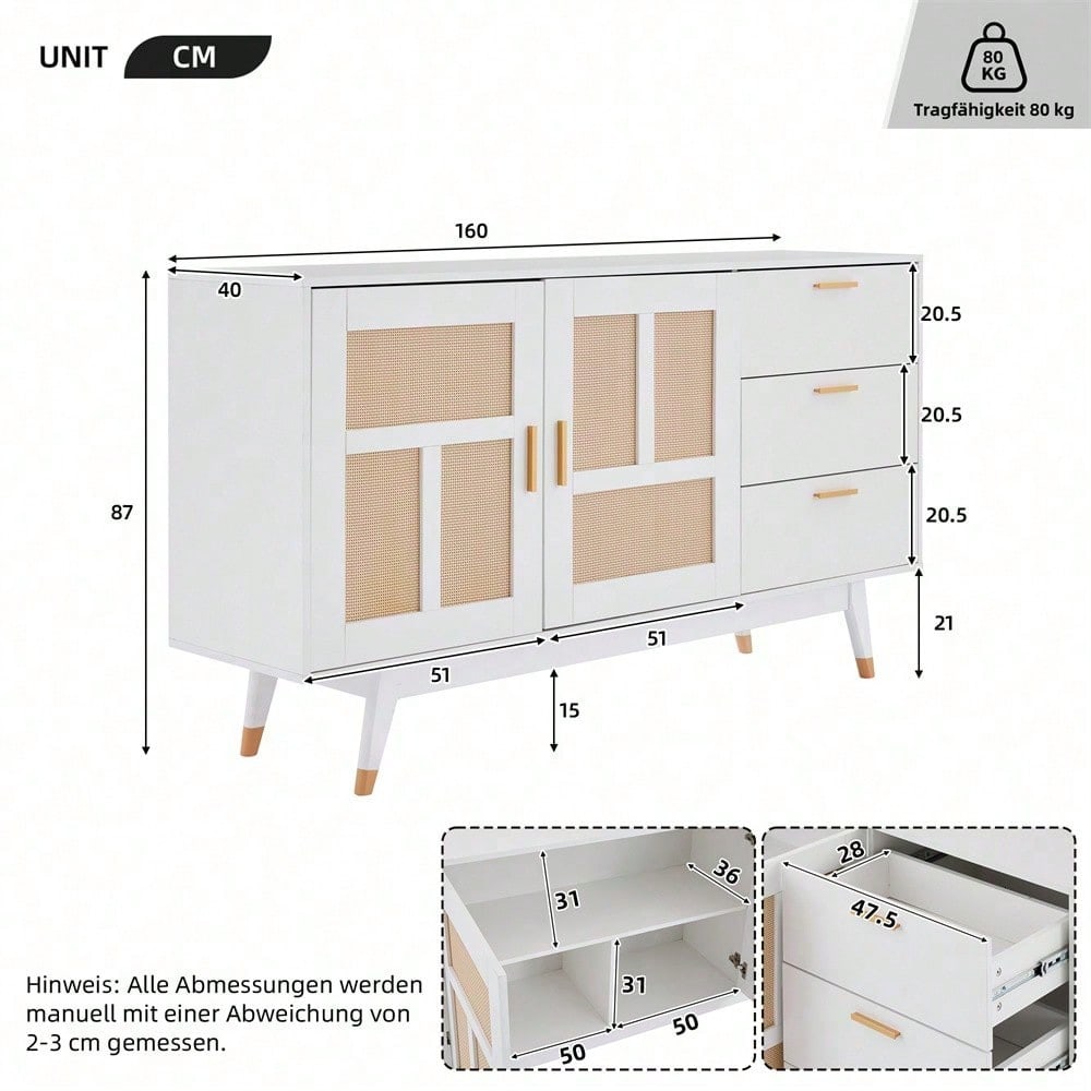 Moderner dekorativer weißer Rattan Schrank Multifunktionaler Aufbewahrungsschrank 2 Rattan Türen 3 Schubladen Buffet Golddekoration 160*40*87cm