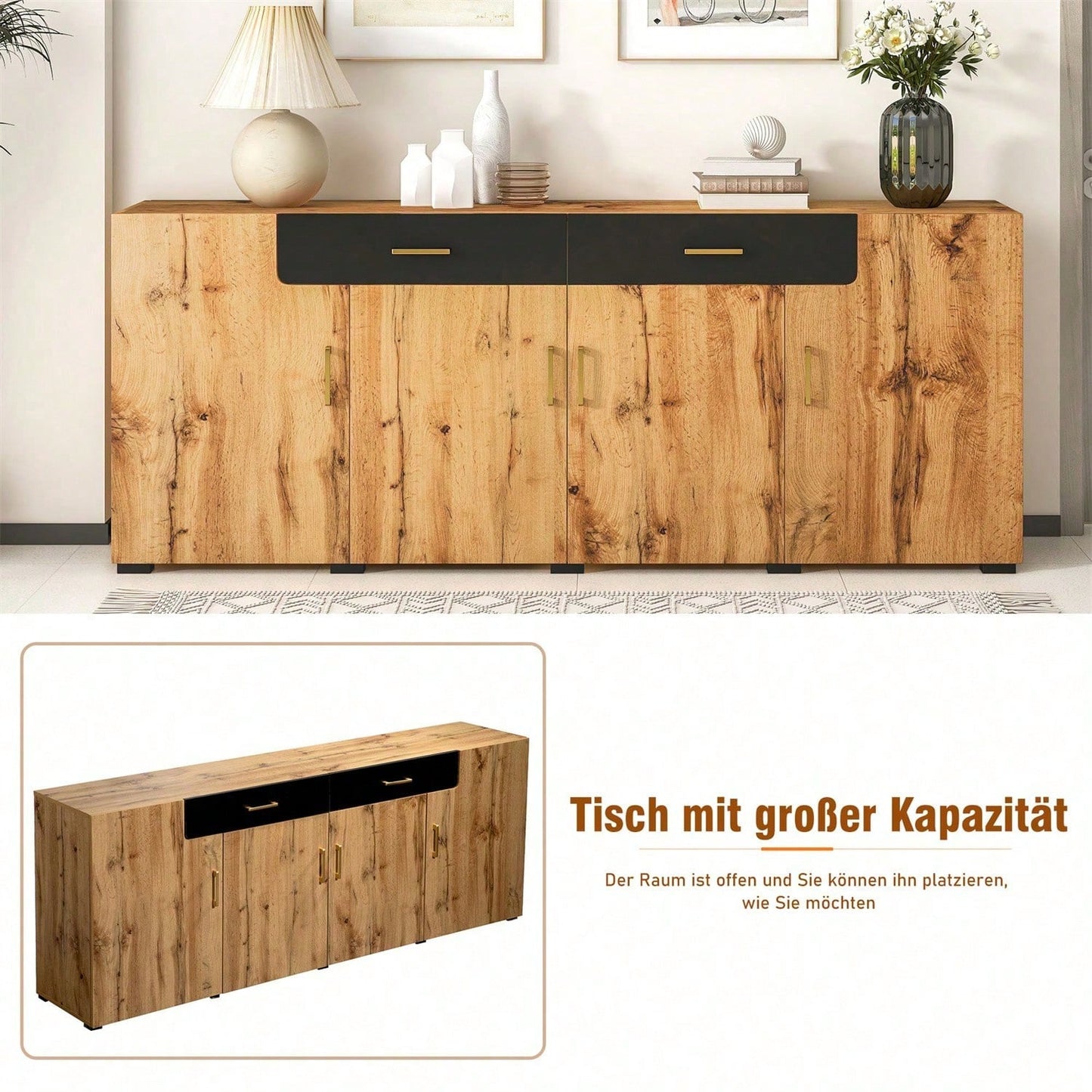 Sideboard, Küchenschrank, Aufbewahrungsschrank , 208 x 39.5 x 80 cm, Kommode mit 4 Türen, 2 Schubkästen, Buffets