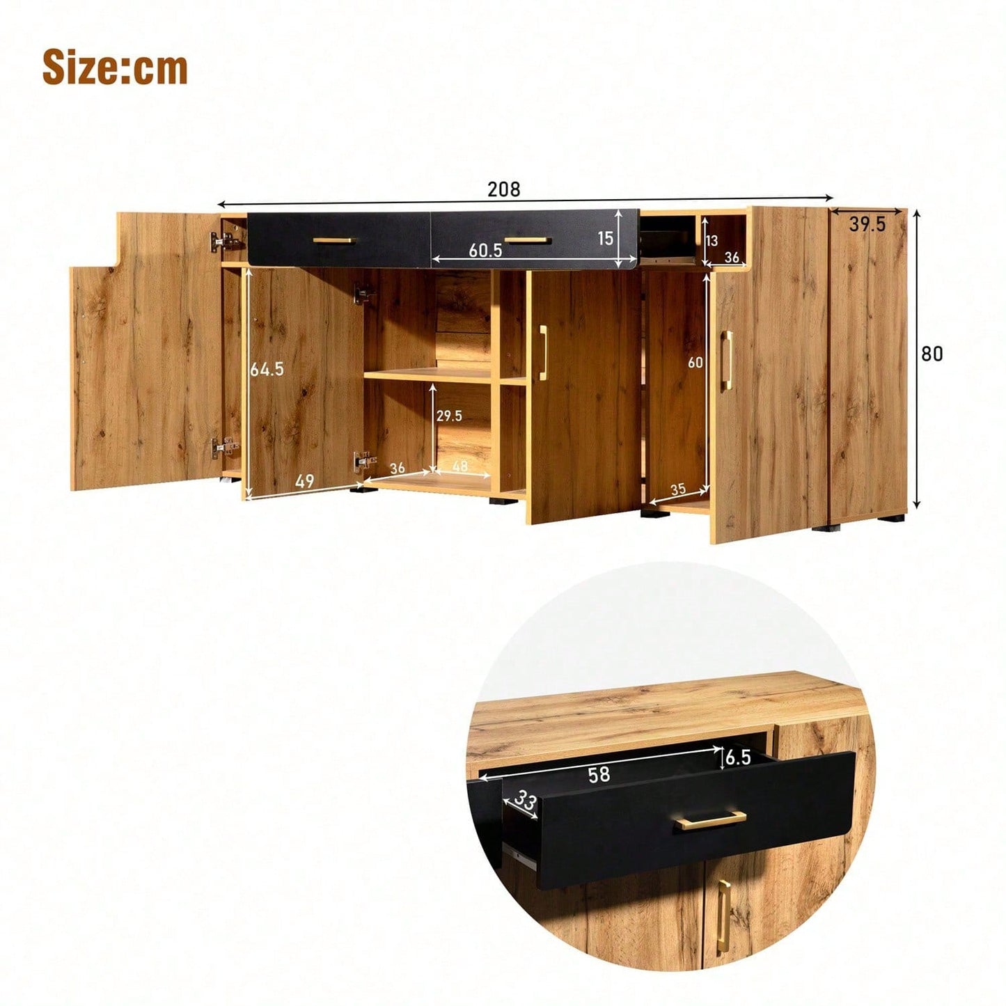 Sideboard, Küchenschrank, Aufbewahrungsschrank , 208 x 39.5 x 80 cm, Kommode mit 4 Türen, 2 Schubkästen, Buffets
