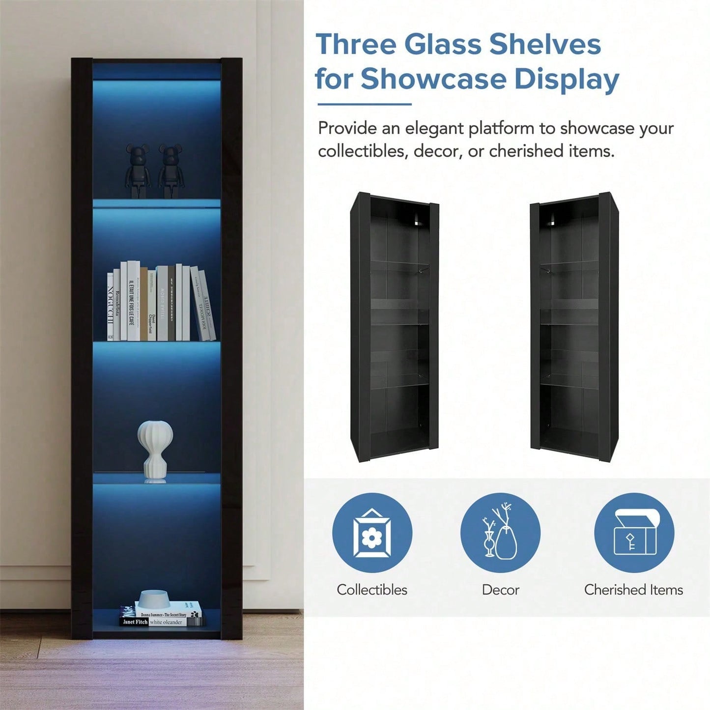 Weiße Hochglanz-Vitrine mit LED-Beleuchtung, 3 Glasböden, 55*38*166 cm, Vitrinen, Standvitrinen, Hochschränke, Lagerschränke