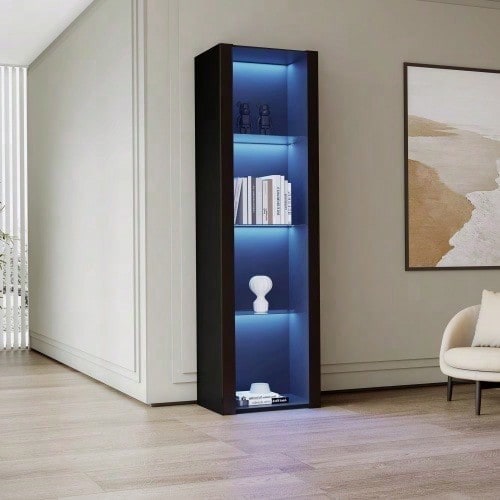 Weiße Hochglanz-Vitrine mit LED-Beleuchtung, 3 Glasböden, 55*38*166 cm, Vitrinen, Standvitrinen, Hochschränke, Lagerschränke