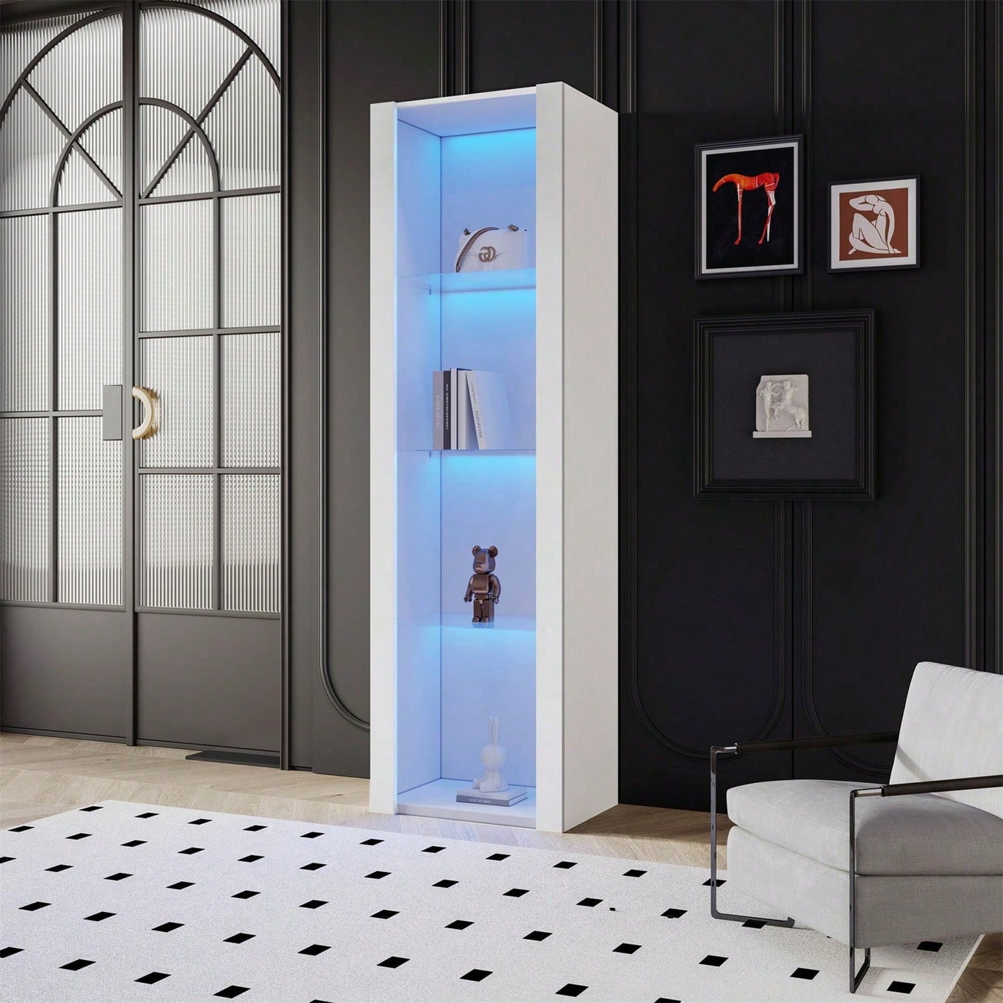 Weiße Hochglanz-Vitrine mit LED-Beleuchtung, 3 Glasböden, 55*38*166 cm, Vitrinen, Standvitrinen, Hochschränke, Lagerschränke