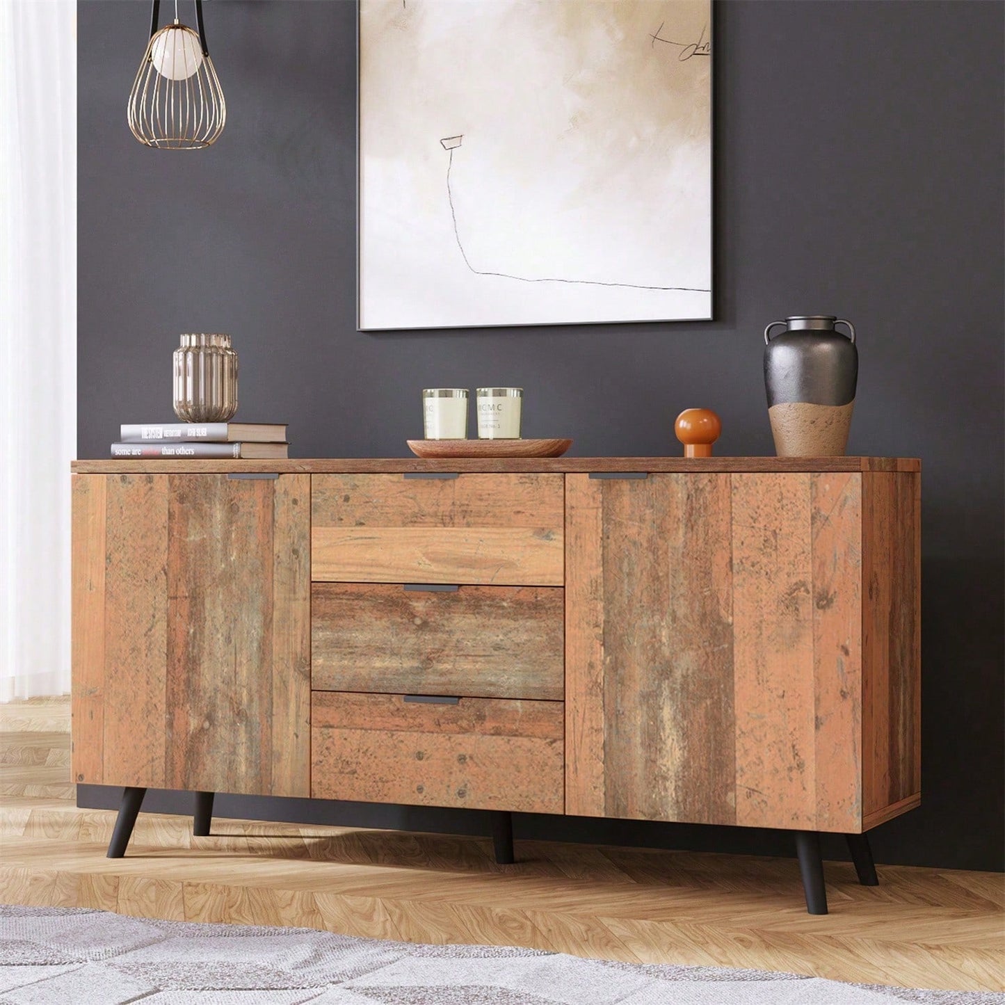 Sideboard TV-Schrank mit verstellbaren Regalen, Kommode, vertikaler Schrank, Aufbewahrungsschrank, drei Schubladen, für Wohnzimmer, Esszimmer, Schlafzimmer, Vintage, Braun, 140cm