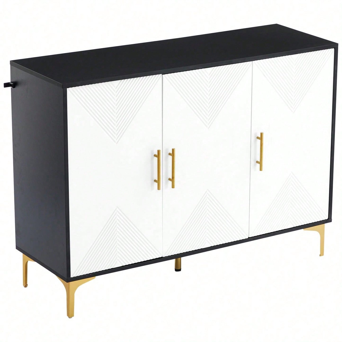 Bohemian Sideboard mit weiß matt gestreiften Türen, goldenen Griffen und goldenen Beinen, Sideboard mit zu öffnenden und zu schließenden Türen, geeignet für Schlafzimmer, Wohnzimmer und Esszimmer