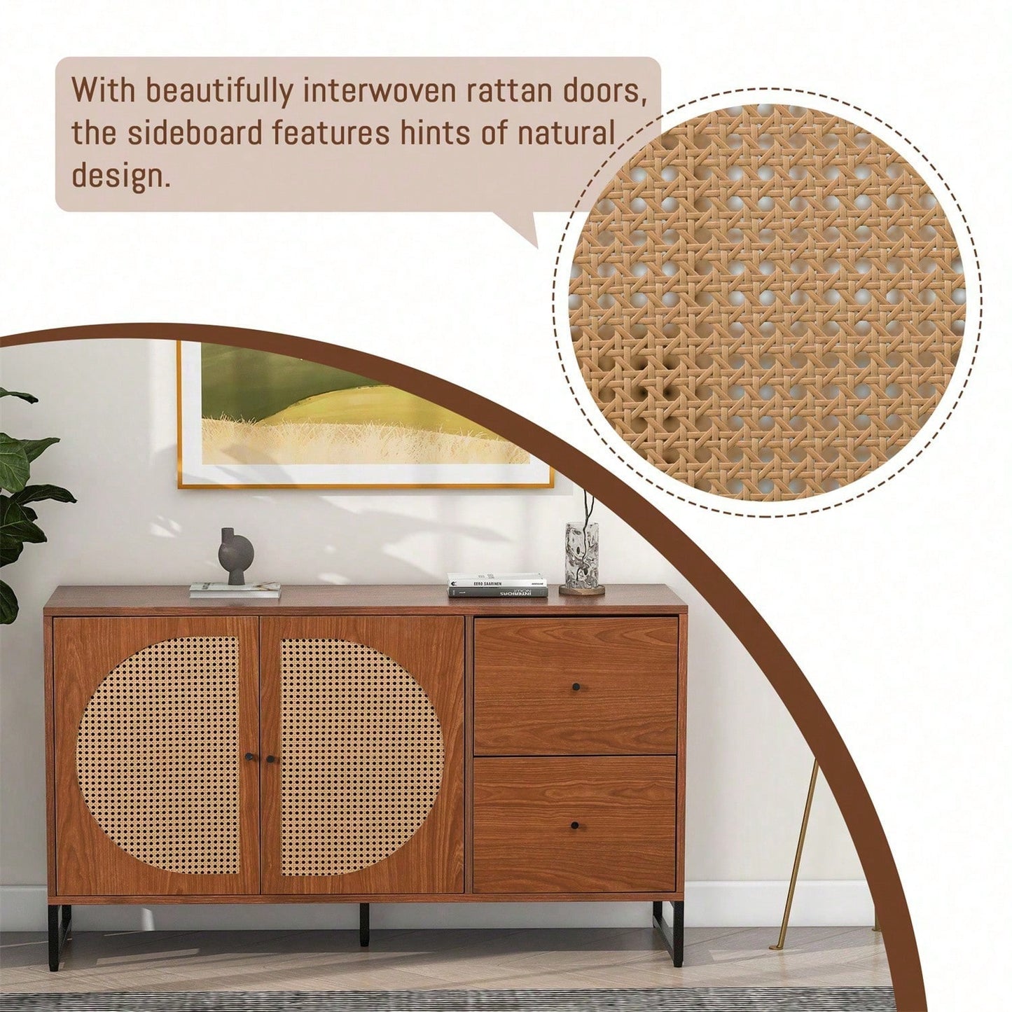 Sideboard mit 2 Rattan verzierten Türen und 2 Schubladen Kommode Küchenschrank, Mehrzweckschrank, Highboard mit Metallgriffe, für Schlafzimmer & Wohnräume & Büro