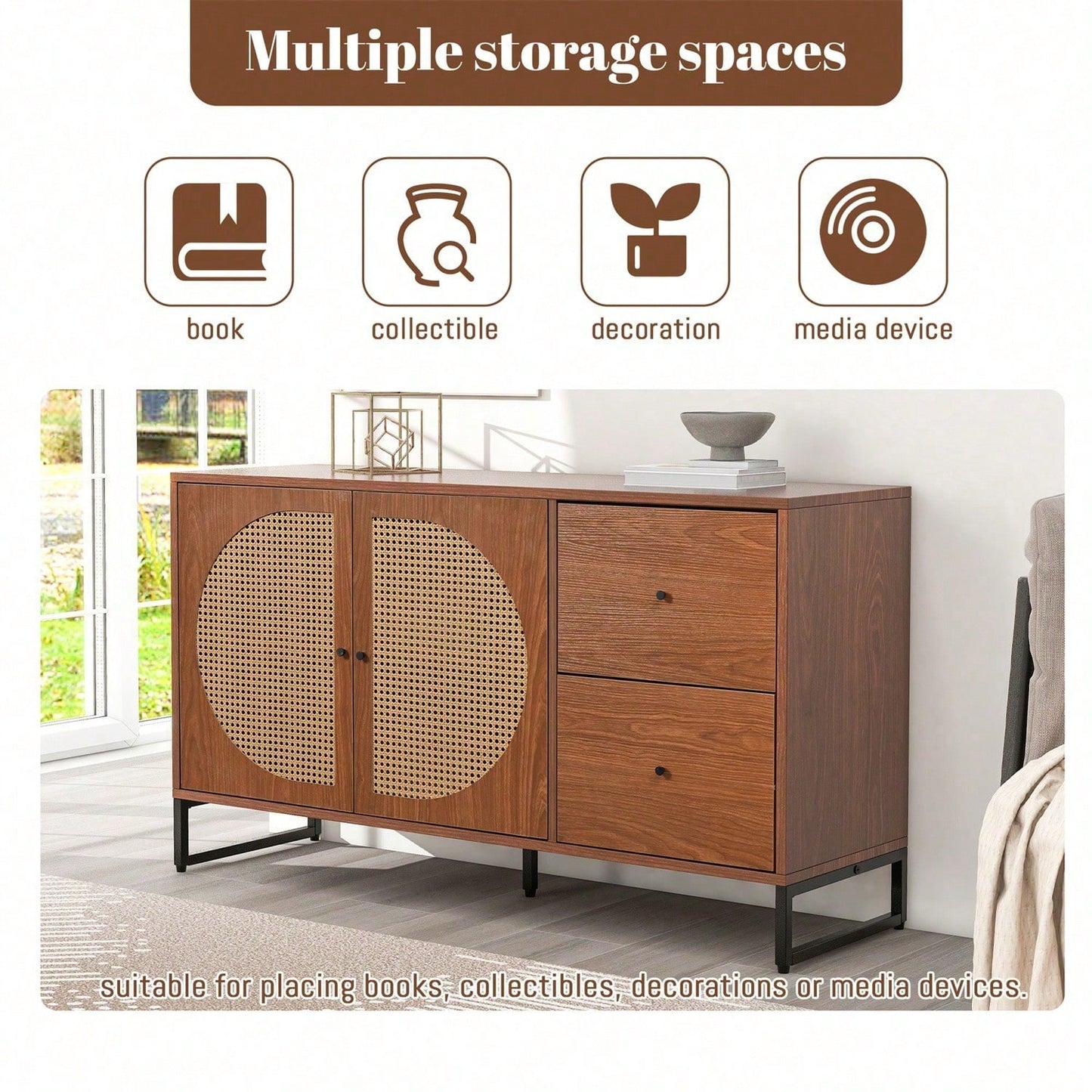 Sideboard mit 2 Rattan verzierten Türen und 2 Schubladen Kommode Küchenschrank, Mehrzweckschrank, Highboard mit Metallgriffe, für Schlafzimmer & Wohnräume & Büro