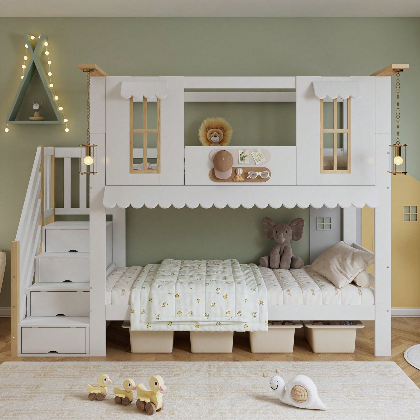 Etagenbett Kinderbett 90*200 cm mit Aufbewahrungstreppe & Dekofilzen – Exklusives Design mit Fenstern & welliger Dachkante – Weiß/Natur (Kiefer/MDF/Sperrholz) – Inkl. Aufhängedeko