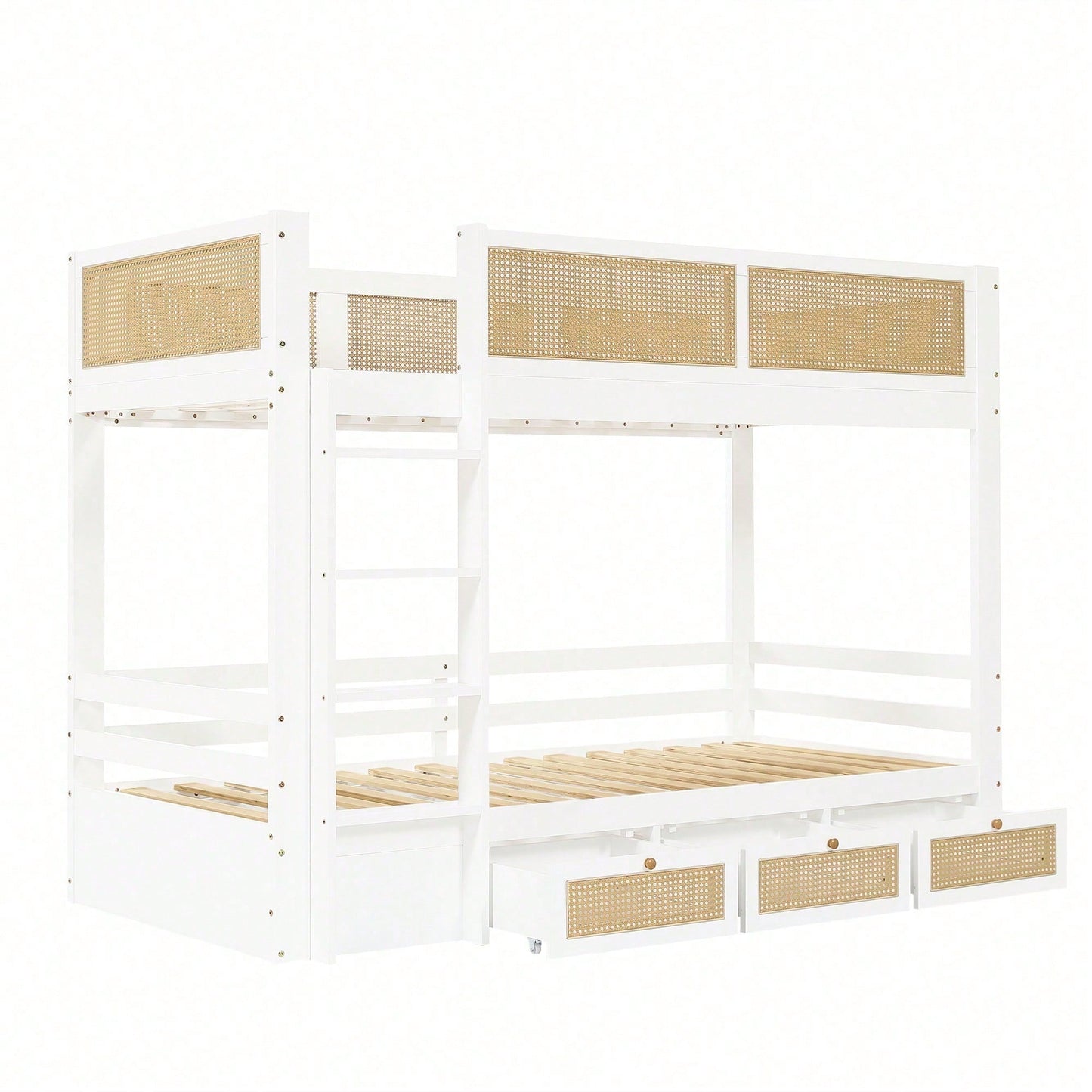Etagenbett Kinderbett 90x200 cm mit Rattanzaun & 3 Roll-Schubladen - & stabilen Lattenrosten - Weiß/Natur (Kiefer/MDF/Sperrholz) - Stauraumwunder
