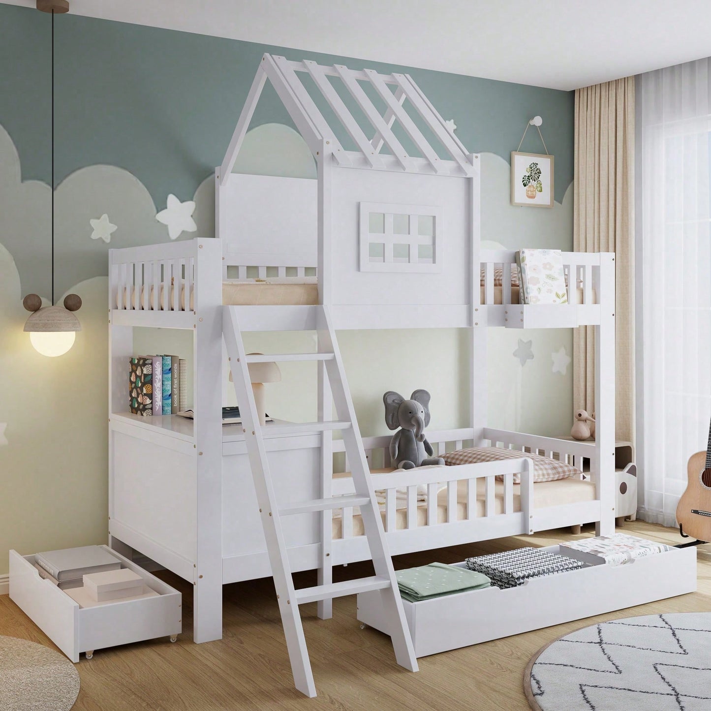 Etagenbett Kinderbett 90x200 cm mit Dach & Fenster – Praktisch mit 2 Roll-Schubladen, Lesetisch & Ablagekorb – Weiß (Kiefer/MDF/Sperrholz)