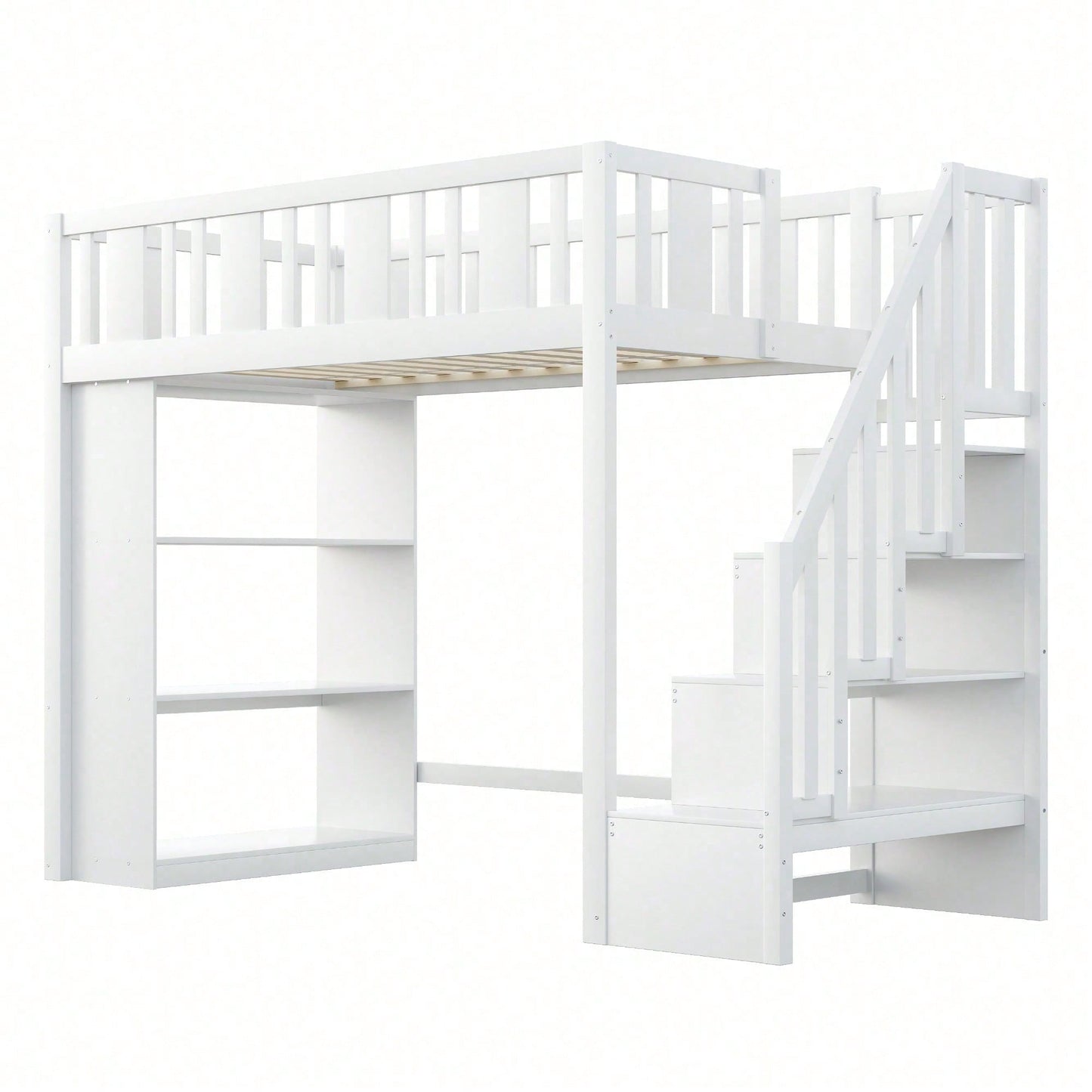 Hochbett 90x200 cm mit Stauraumtreppe & großen Fächern - Funktions-Kinderbett aus Holz (weiß) - Jugendbett mit integriertem Stauraum, ohne Matratze