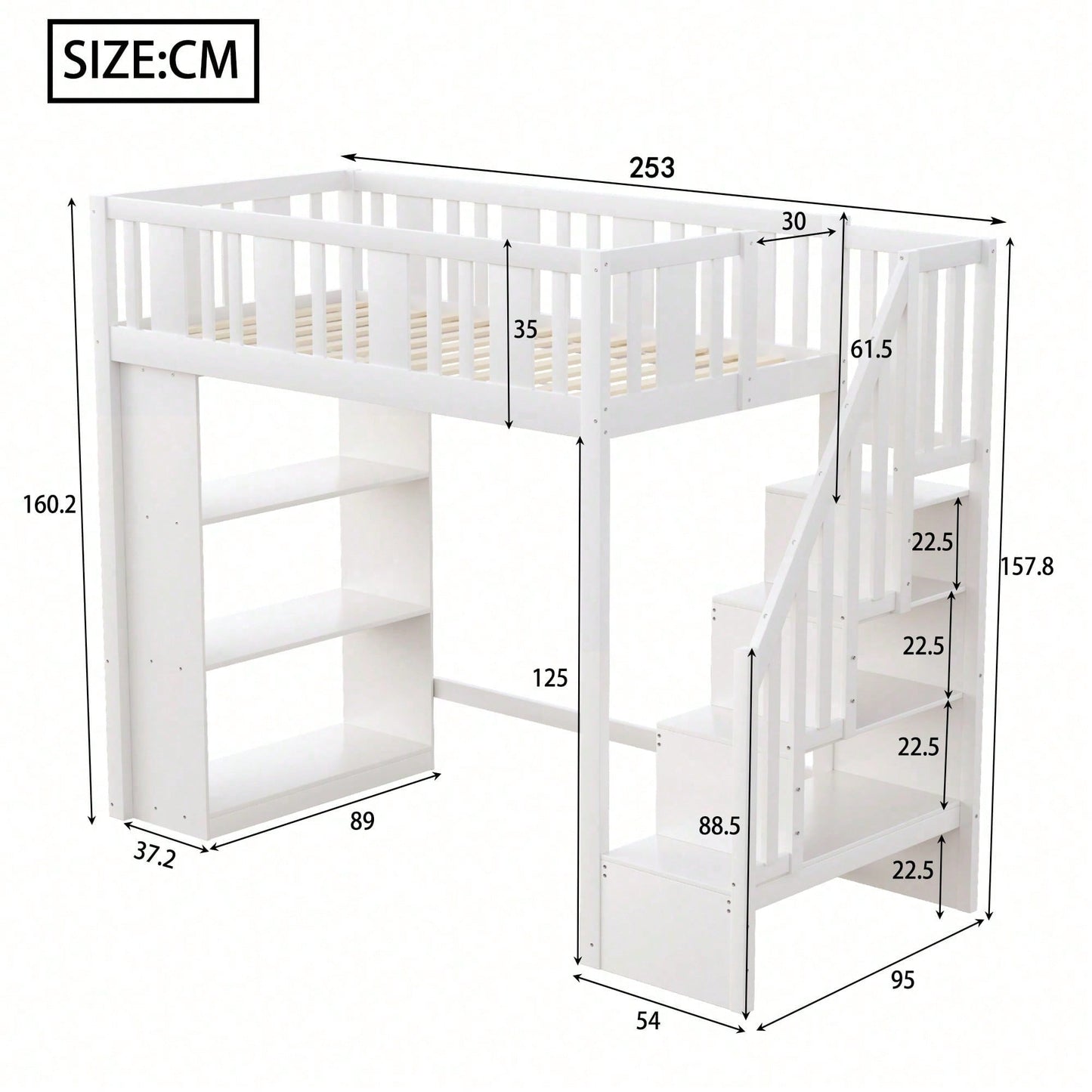 Hochbett 90x200 cm mit Stauraumtreppe & großen Fächern - Funktions-Kinderbett aus Holz (weiß) - Jugendbett mit integriertem Stauraum, ohne Matratze