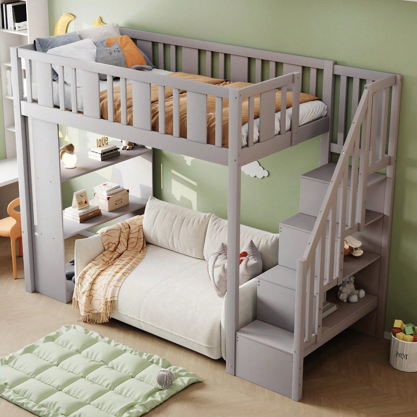Hochbett 90x200 cm mit Stauraumtreppe & großen Fächern - Funktions-Kinderbett aus Holz (weiß) - Jugendbett mit integriertem Stauraum, ohne Matratze