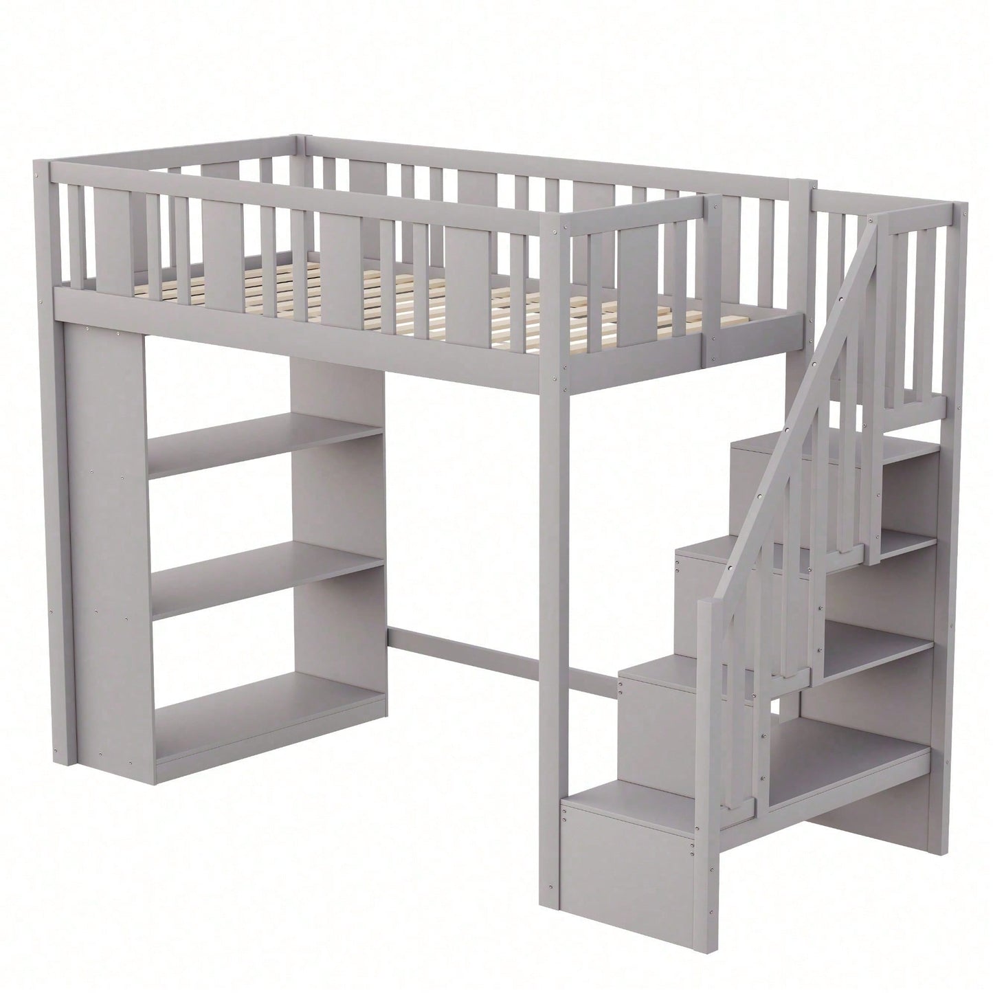 Hochbett 90x200 cm mit Stauraumtreppe & großen Fächern - Funktions-Kinderbett aus Holz (weiß) - Jugendbett mit integriertem Stauraum, ohne Matratze
