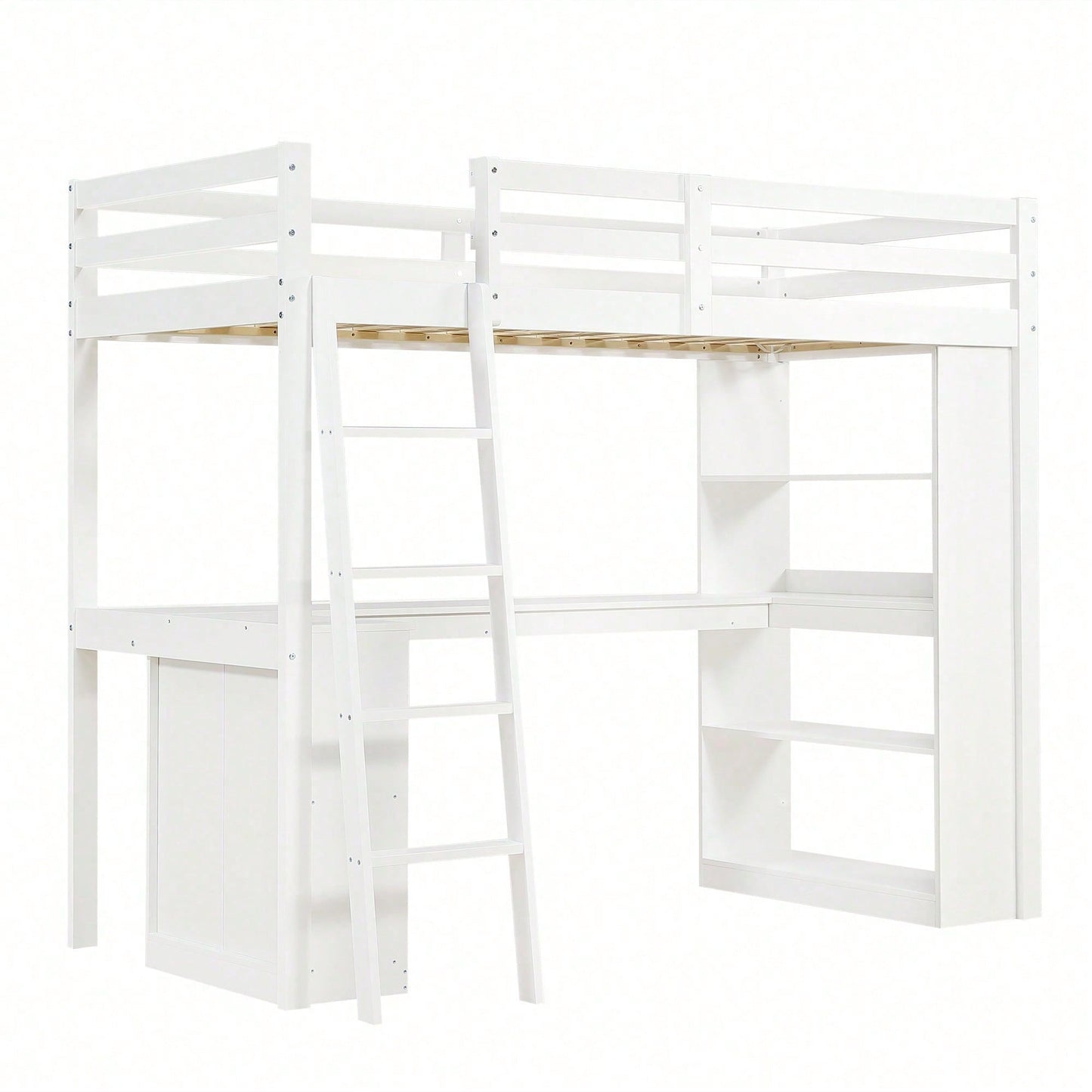 Hochbett Kinderbett 90x200 cm mit Sicherheitsgeländer & Ablageregal – Praktisches Filztuch & stabile Schrägleiter – Kiefer/Spanplatte/Sperrholz in Weiß