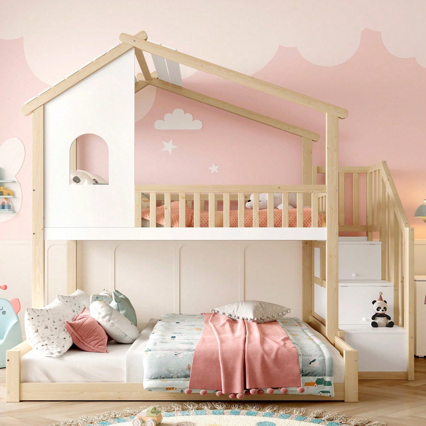 Massivholz-Etagenbett 90x200 + 140x200 cm - Mit Bettgittern, Stauraumleiter & Fensterdetails - Weiß/Natur Design mit Hausleiste - Sicher & platzsparend