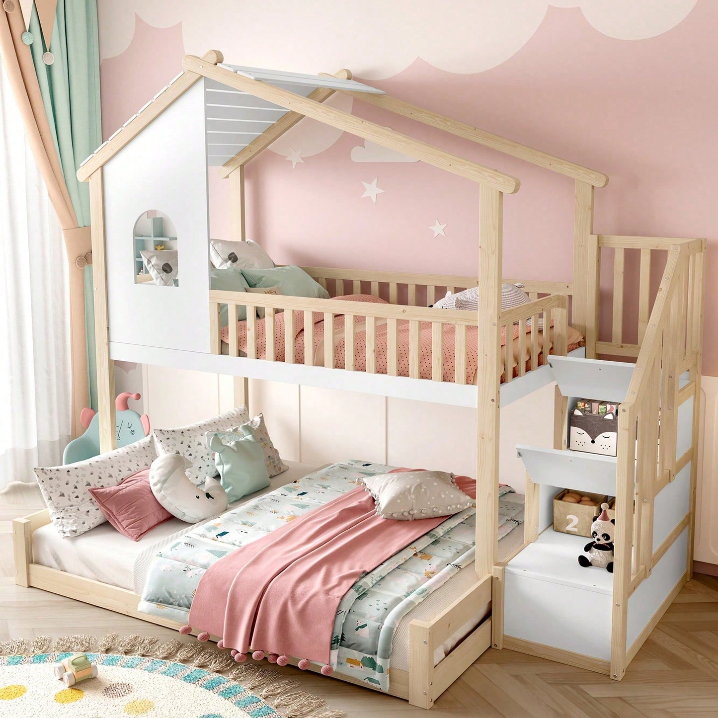 Massivholz-Etagenbett 90x200 + 140x200 cm - Mit Bettgittern, Stauraumleiter & Fensterdetails - Weiß/Natur Design mit Hausleiste - Sicher & platzsparend