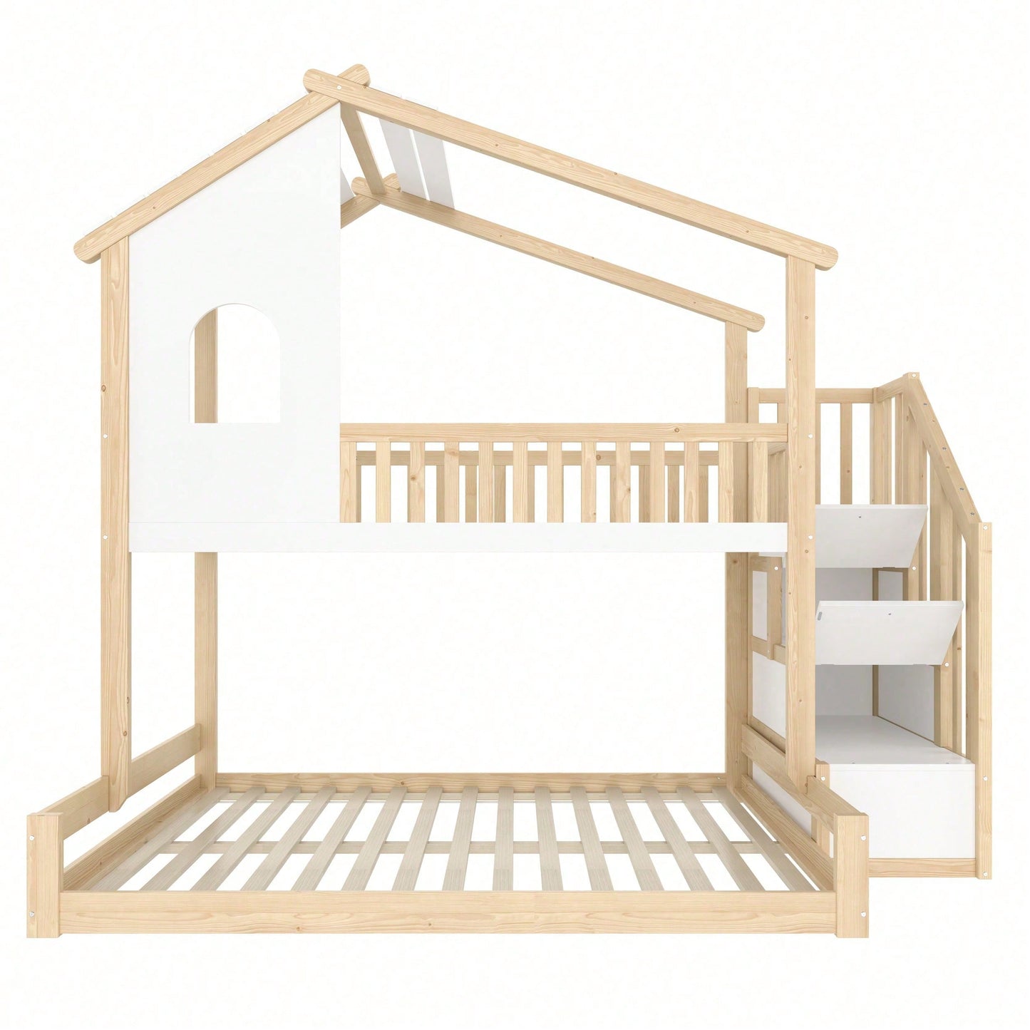 Massivholz-Etagenbett 90x200 + 140x200 cm - Mit Bettgittern, Stauraumleiter & Fensterdetails - Weiß/Natur Design mit Hausleiste - Sicher & platzsparend