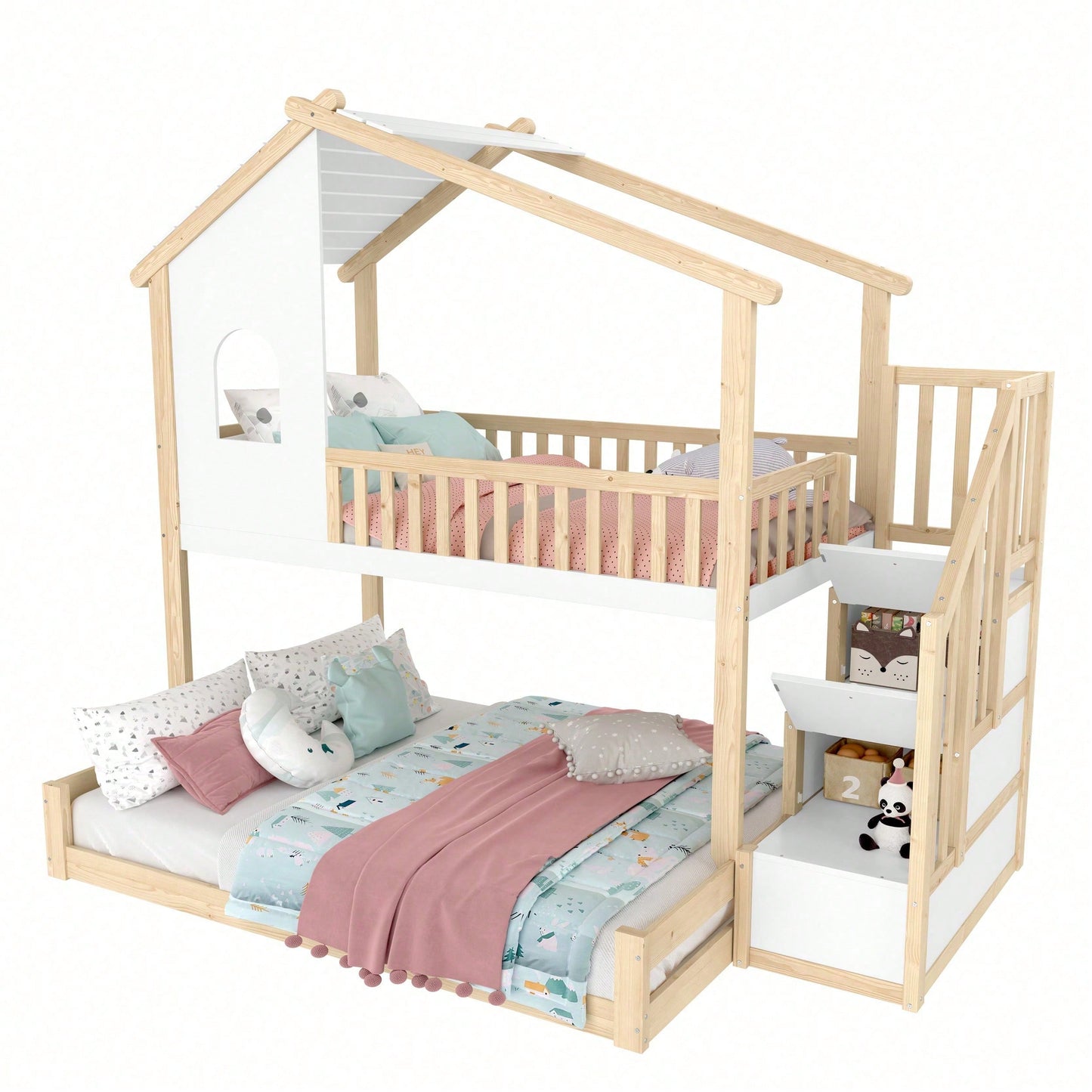 Massivholz-Etagenbett 90x200 + 140x200 cm - Mit Bettgittern, Stauraumleiter & Fensterdetails - Weiß/Natur Design mit Hausleiste - Sicher & platzsparend