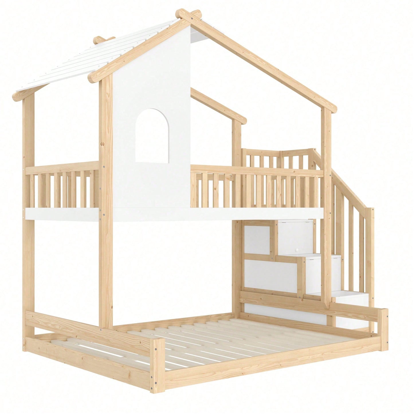 Massivholz-Etagenbett 90x200 + 140x200 cm - Mit Bettgittern, Stauraumleiter & Fensterdetails - Weiß/Natur Design mit Hausleiste - Sicher & platzsparend