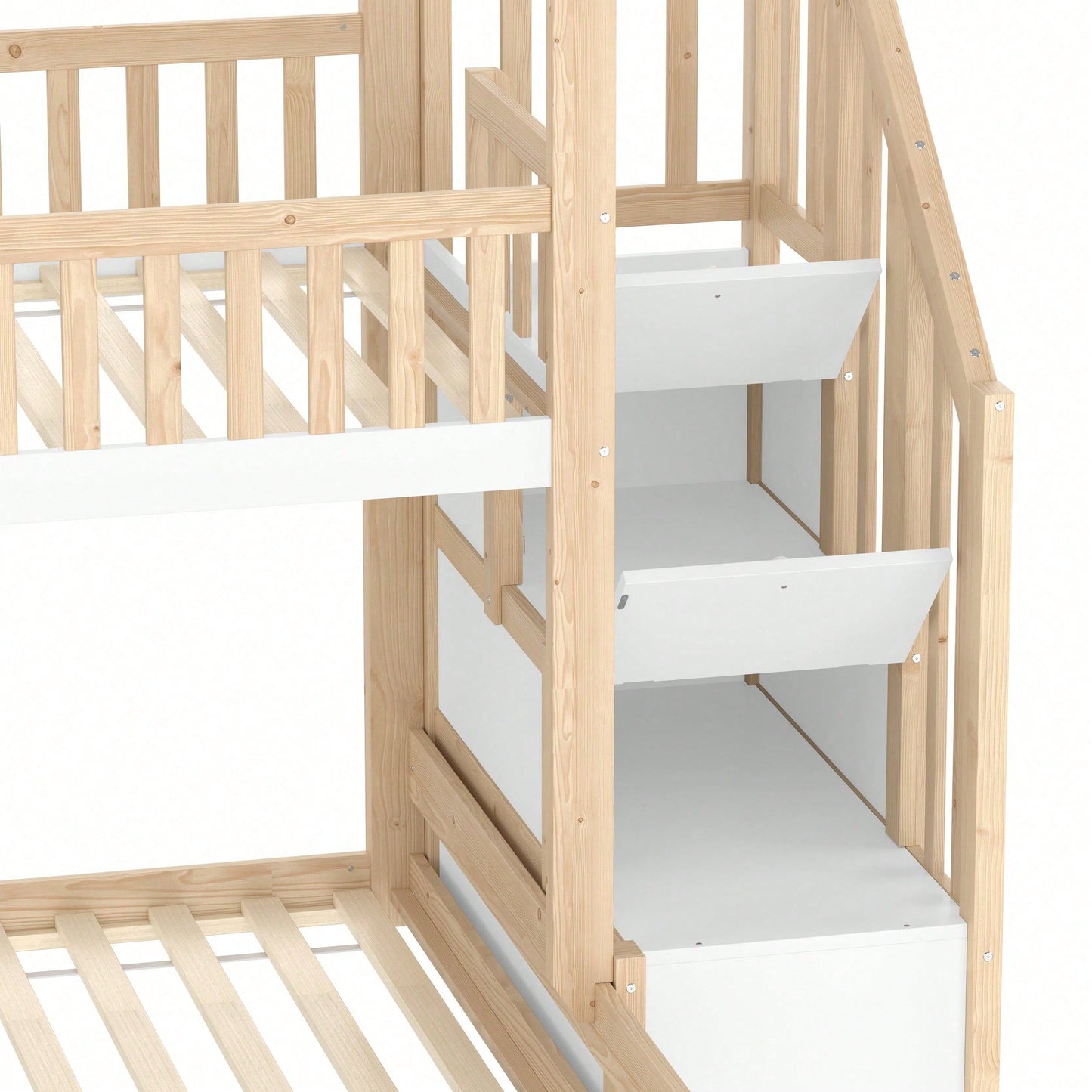 Massivholz-Etagenbett 90x200 + 140x200 cm - Mit Bettgittern, Stauraumleiter & Fensterdetails - Weiß/Natur Design mit Hausleiste - Sicher & platzsparend