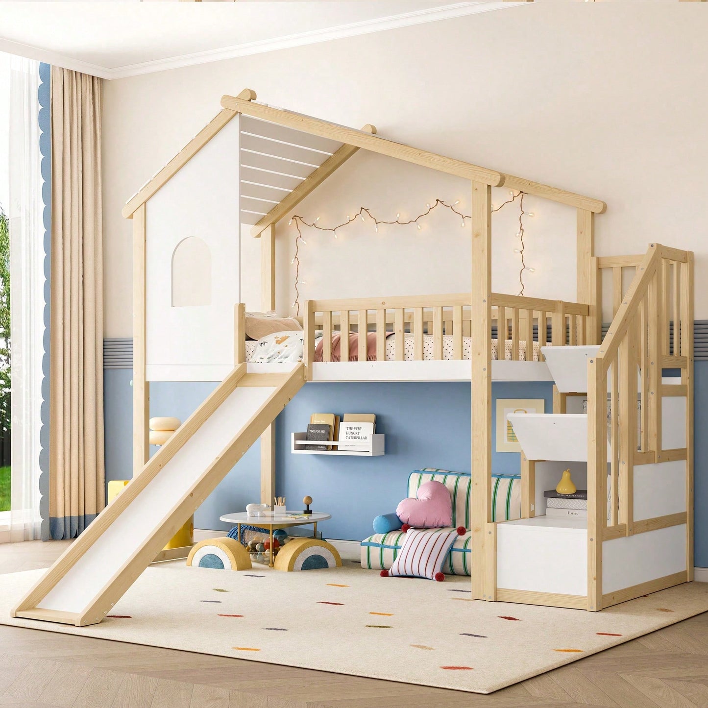 Hochbett 90x200 cm mit Rutsche, Bettgitter & Stauraumleiter – Spielbett mit Fenster & Hausleiste in Natur/Weiß – Ideal für Kinderzimmer