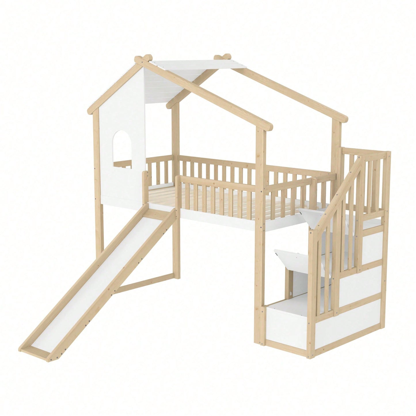 Hochbett 90x200 cm mit Rutsche, Bettgitter & Stauraumleiter – Spielbett mit Fenster & Hausleiste in Natur/Weiß – Ideal für Kinderzimmer