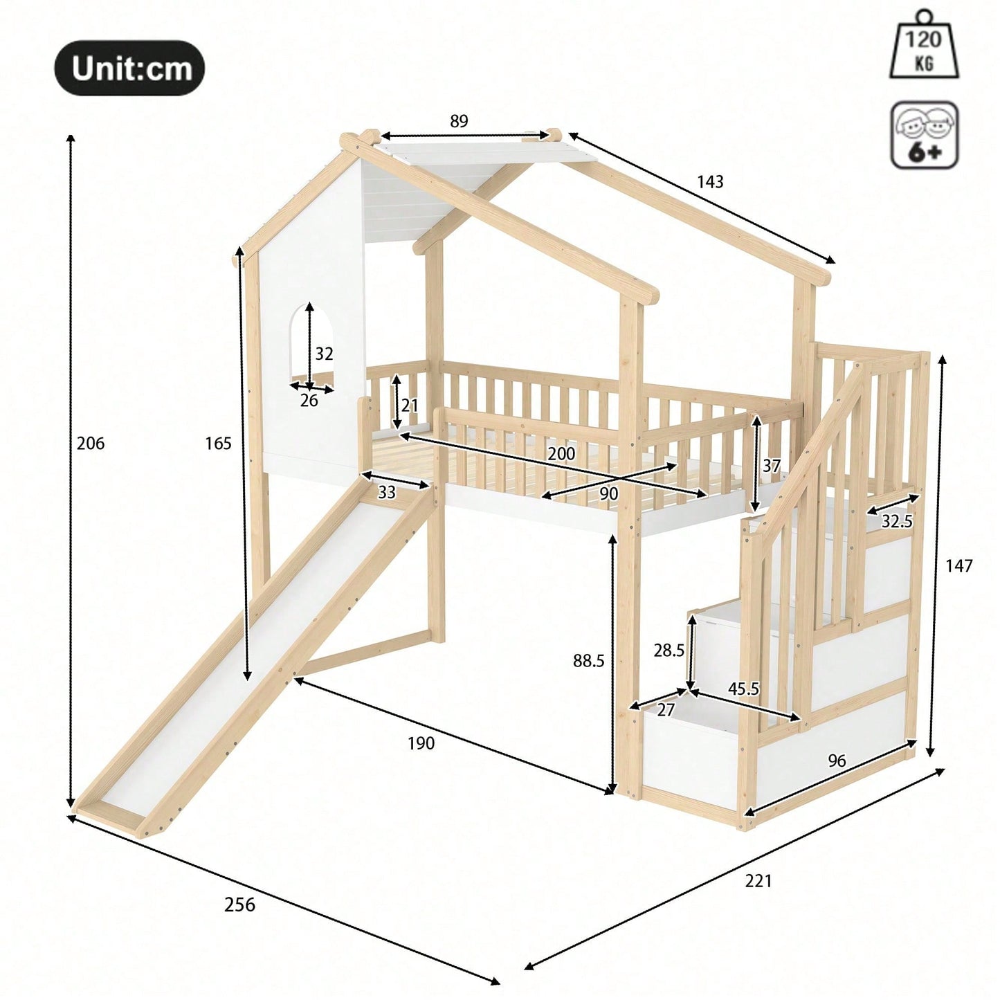 Hochbett 90x200 cm mit Rutsche, Bettgitter & Stauraumleiter – Spielbett mit Fenster & Hausleiste in Natur/Weiß – Ideal für Kinderzimmer