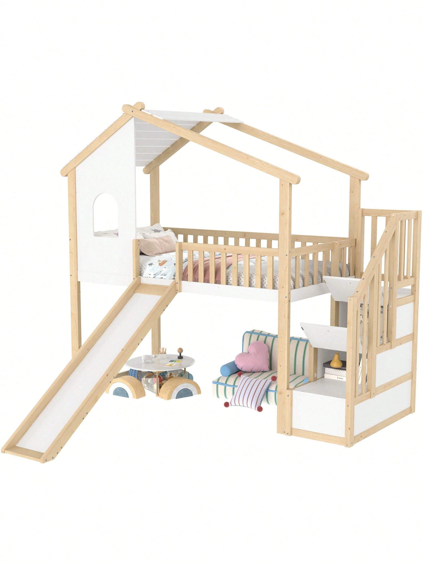 Hochbett 90x200 cm mit Rutsche, Bettgitter & Stauraumleiter – Spielbett mit Fenster & Hausleiste in Natur/Weiß – Ideal für Kinderzimmer
