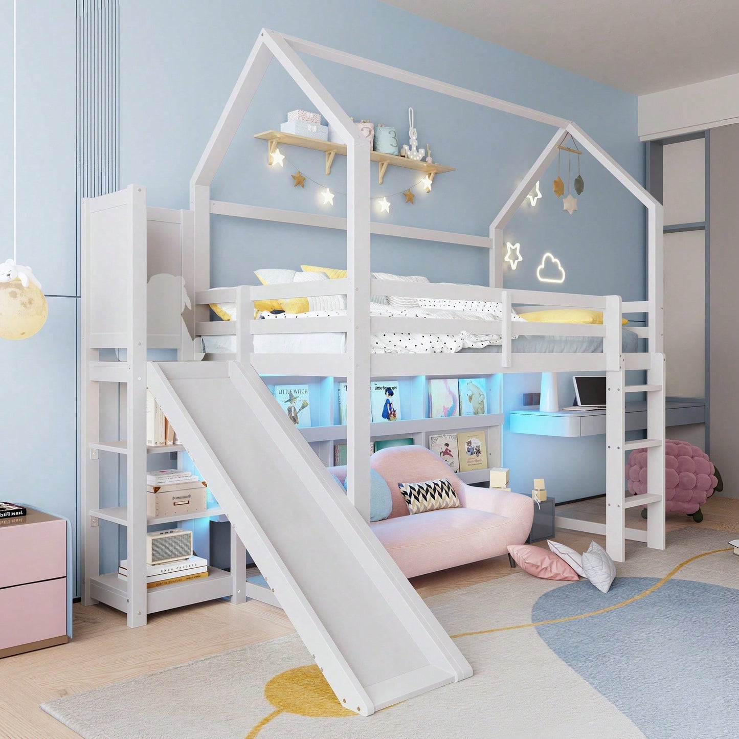 Hochbett 90x200 cm im Haus-Design – Mit LED-Beleuchtung, Sicherheitszaun & Regalen – Weißes Kinderbett (ohne Matratze)