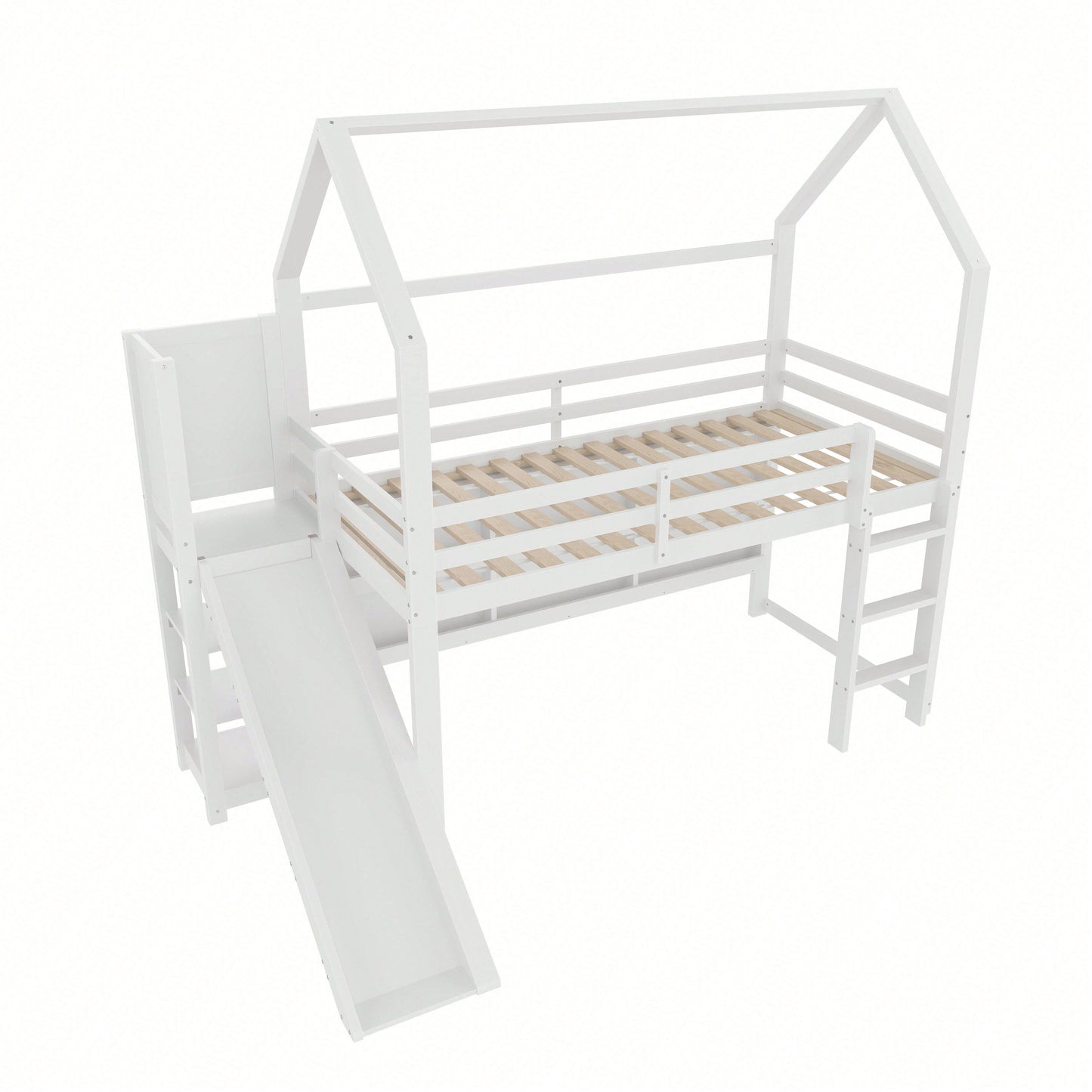 Hochbett 90x200 cm im Haus-Design – Mit LED-Beleuchtung, Sicherheitszaun & Regalen – Weißes Kinderbett (ohne Matratze)