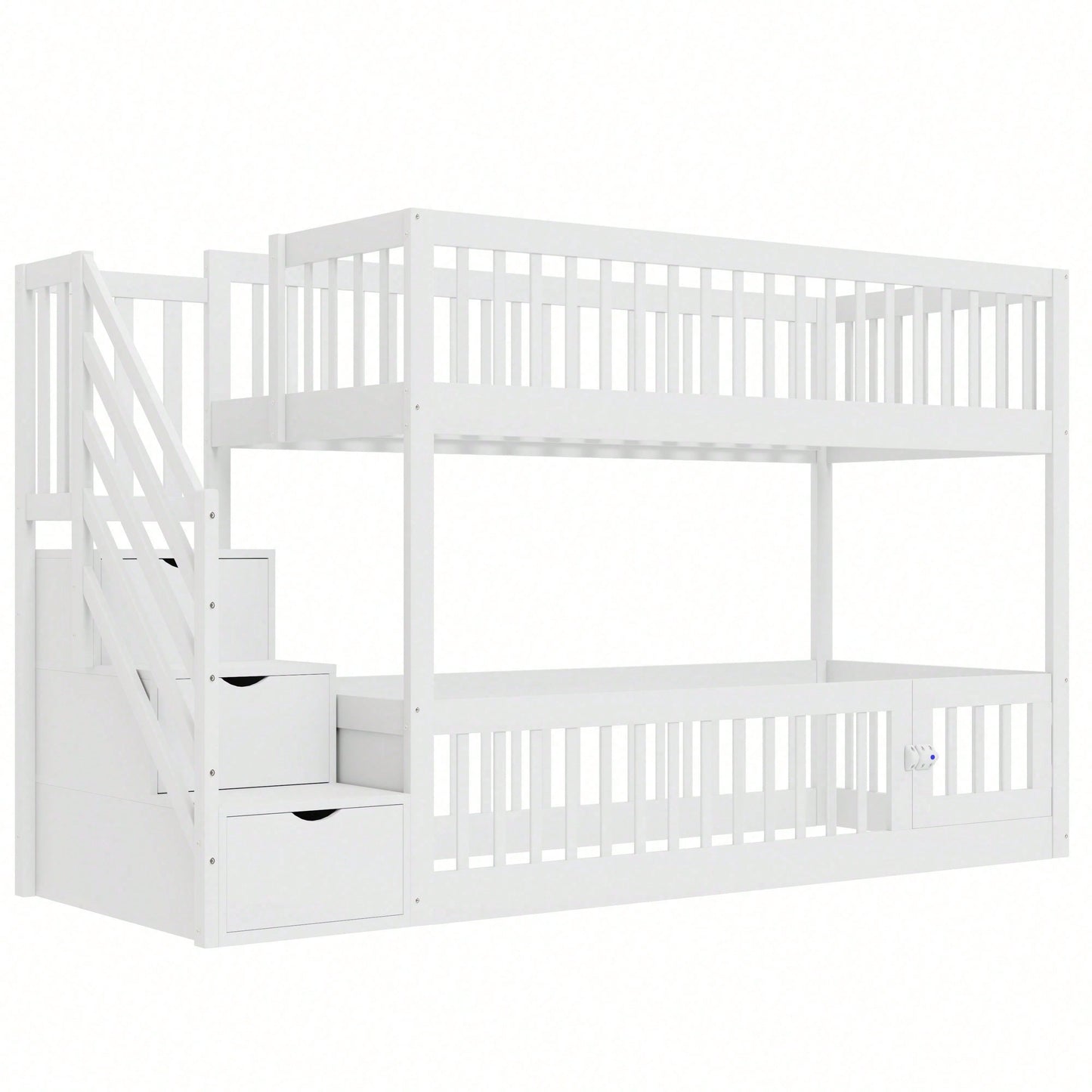 Etagenbett 90x200 Kinderbett mit Sicherheitstreppe und Schubladen, weißes Holzeinzelbett mit Stauraumbett für Kinder, Jugendliche