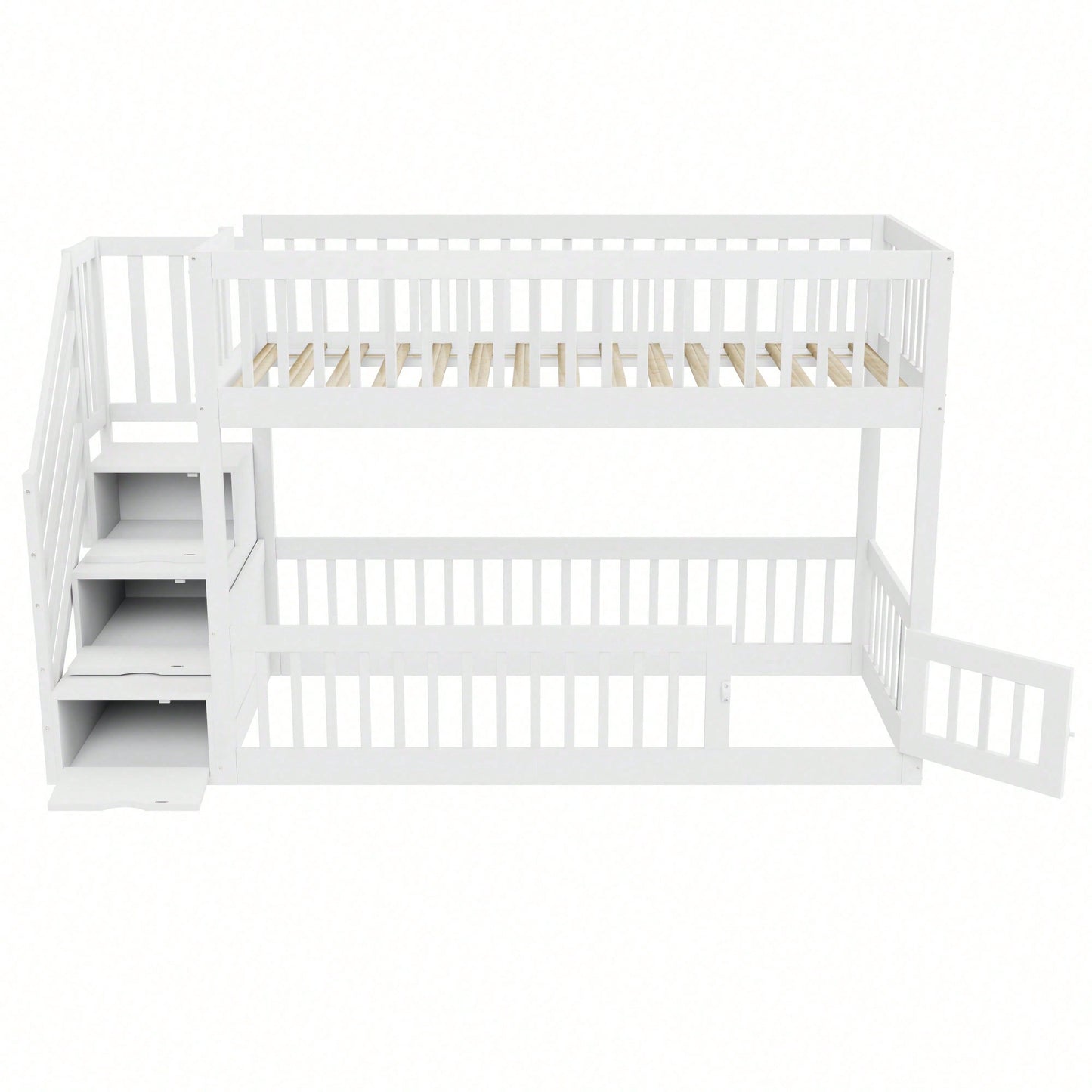 Etagenbett 90x200 Kinderbett mit Sicherheitstreppe und Schubladen, weißes Holzeinzelbett mit Stauraumbett für Kinder, Jugendliche