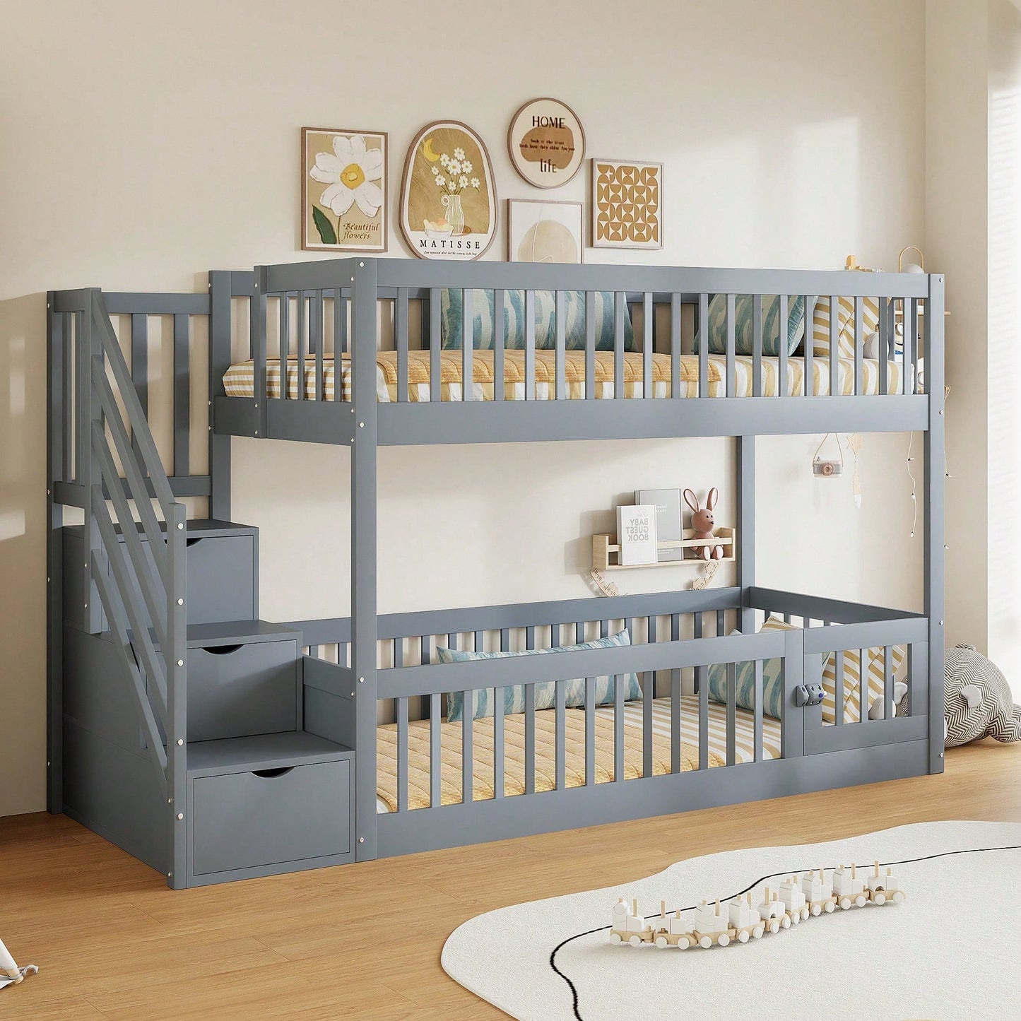 Etagenbett 90x200 Kinderbett mit Sicherheitstreppe und Schubladen, weißes Holzeinzelbett mit Stauraumbett für Kinder, Jugendliche