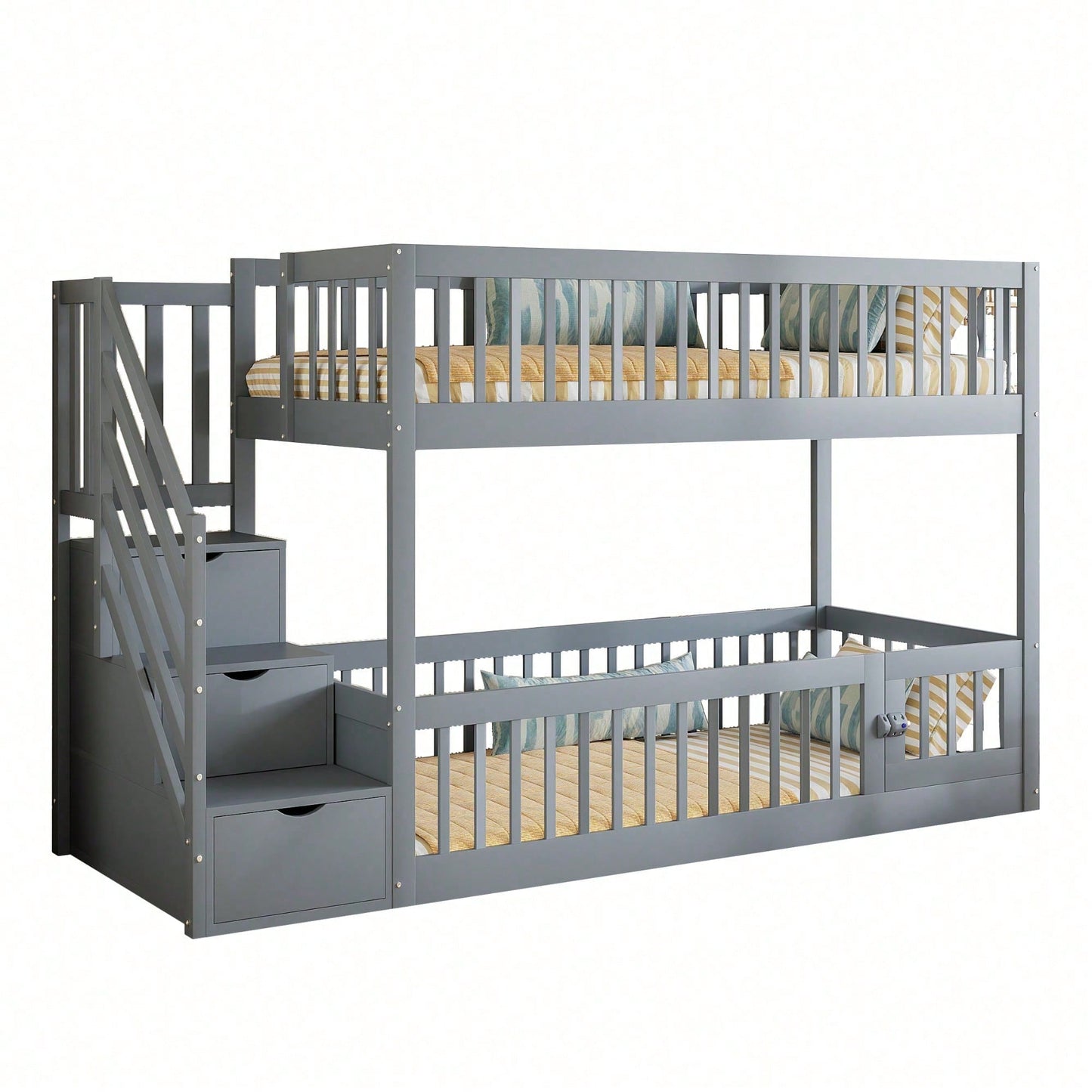 Etagenbett 90x200 Kinderbett mit Sicherheitstreppe und Schubladen, weißes Holzeinzelbett mit Stauraumbett für Kinder, Jugendliche
