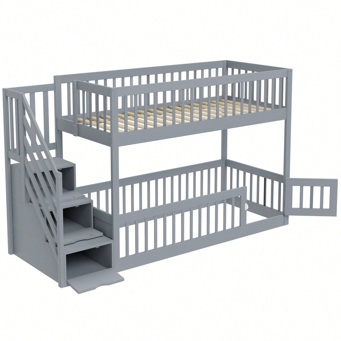 Etagenbett 90x200 Kinderbett mit Sicherheitstreppe und Schubladen, weißes Holzeinzelbett mit Stauraumbett für Kinder, Jugendliche