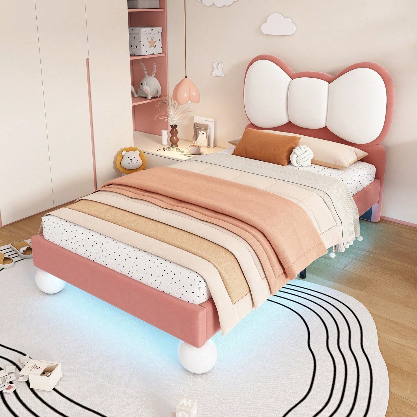 Polsterbett, Einzelbett, Kinderbett, Fliegeformiges Bettkopfteil, Farblich anpassbare LED-Lichtleiste unter dem Bett, stabiler Lattenrost, Samt, schönes Design, Beige + Rosa, 90x200cm