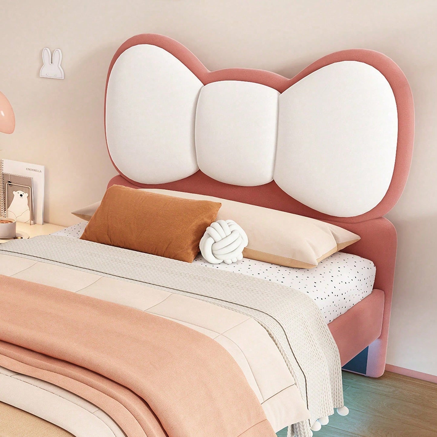 Polsterbett, Einzelbett, Kinderbett, Fliegeformiges Bettkopfteil, Farblich anpassbare LED-Lichtleiste unter dem Bett, stabiler Lattenrost, Samt, schönes Design, Beige + Rosa, 90x200cm