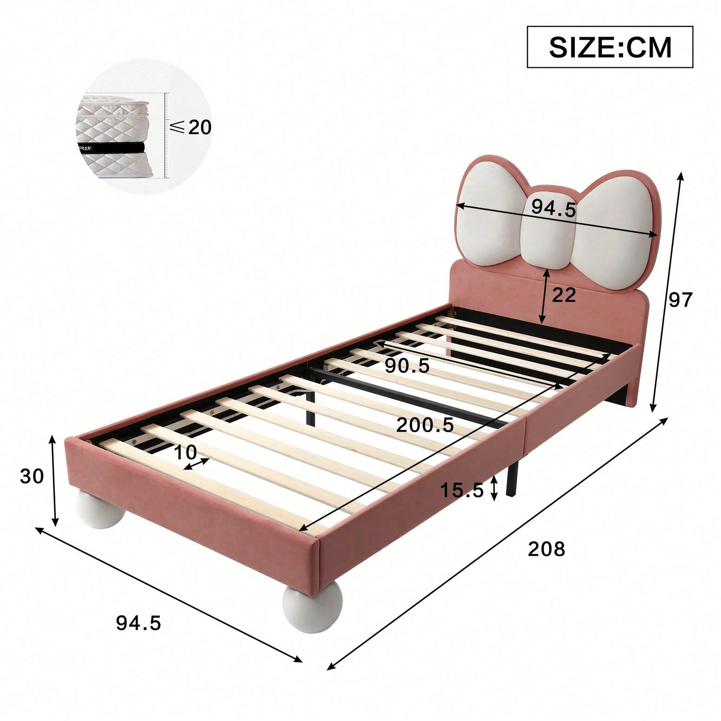 Polsterbett, Einzelbett, Kinderbett, Fliegeformiges Bettkopfteil, Farblich anpassbare LED-Lichtleiste unter dem Bett, stabiler Lattenrost, Samt, schönes Design, Beige + Rosa, 90x200cm