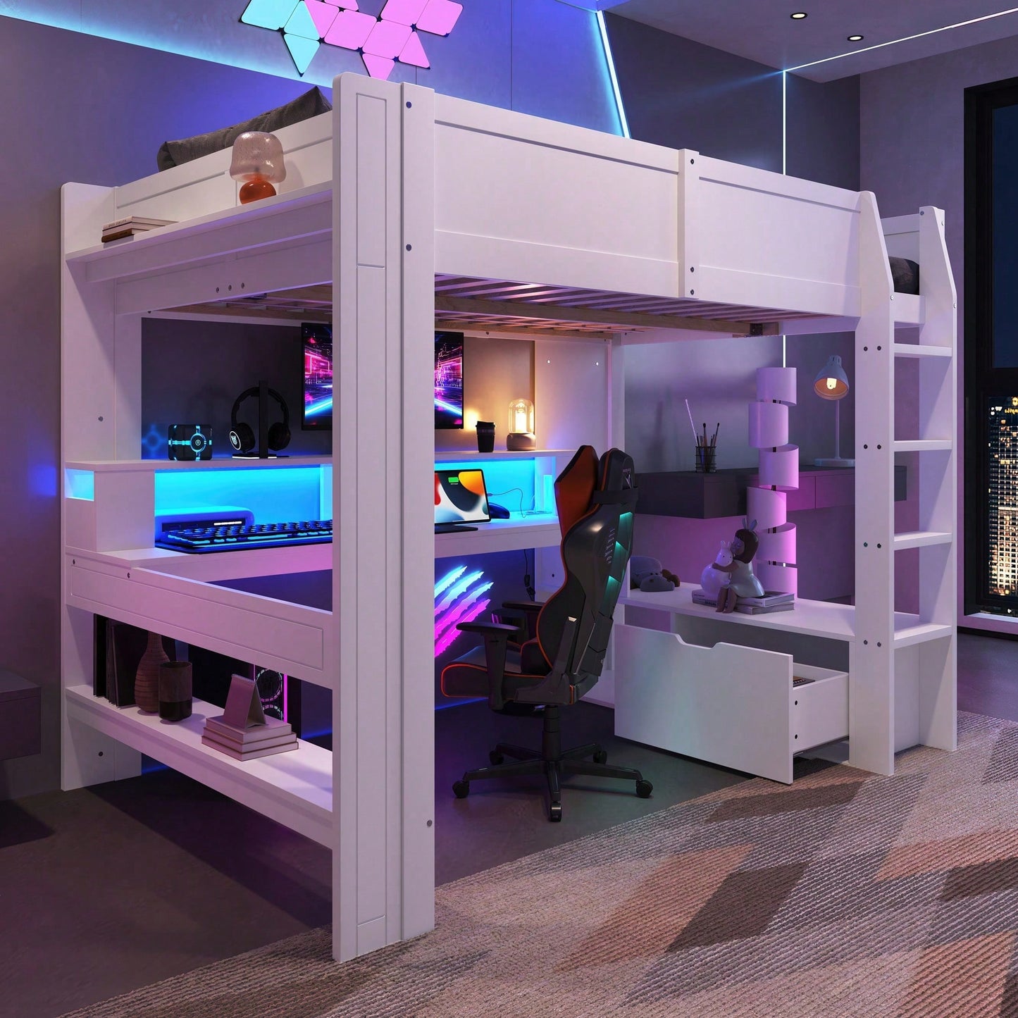 Gaming-Hochbett 140x200 cm mit Schreibtisch & LED-Beleuchtung – Inkl. Schubladen, Regalen & Arbeitsfläche – Weiß (ohne Matratze)