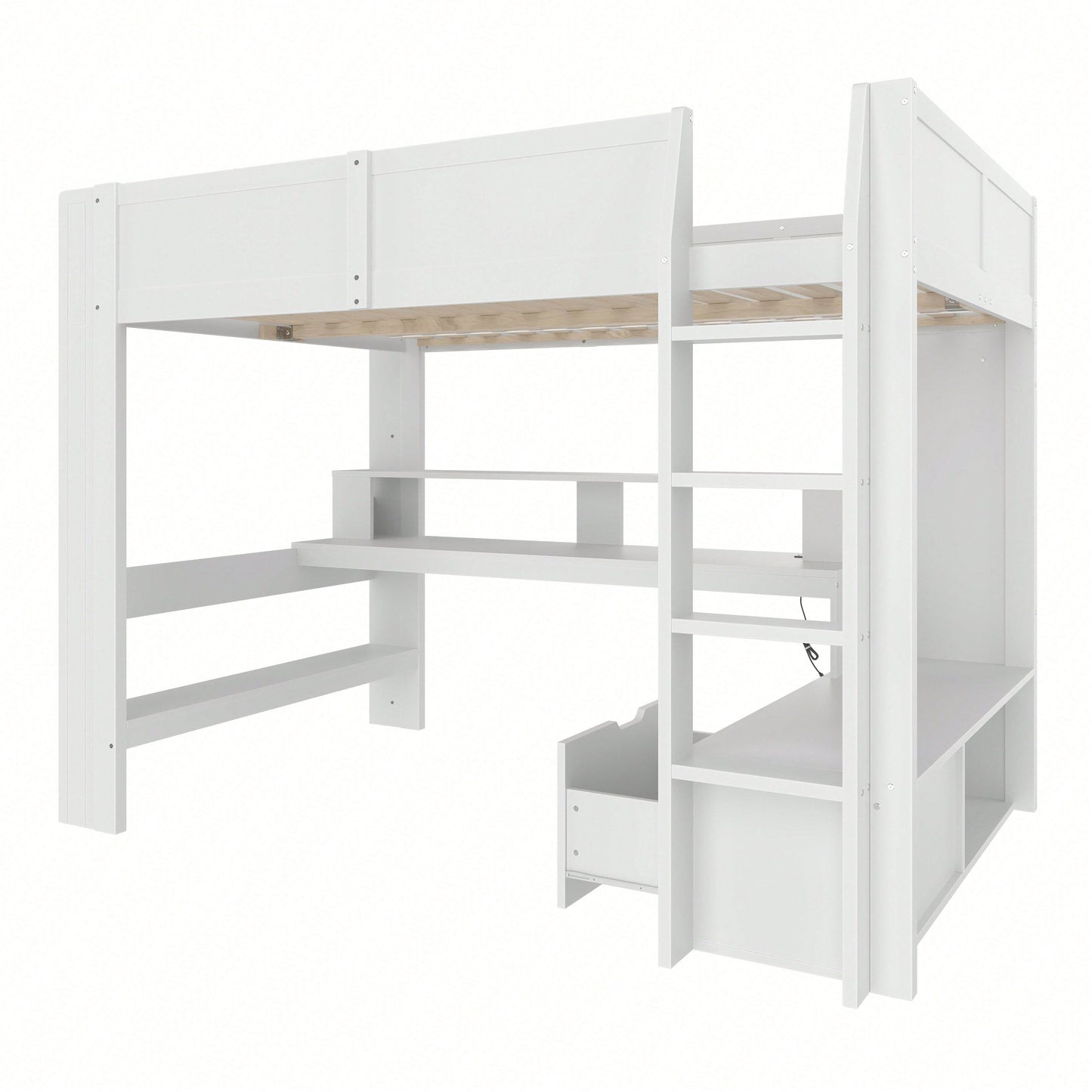 Gaming-Hochbett 140x200 cm mit Schreibtisch & LED-Beleuchtung – Inkl. Schubladen, Regalen & Arbeitsfläche – Weiß (ohne Matratze)
