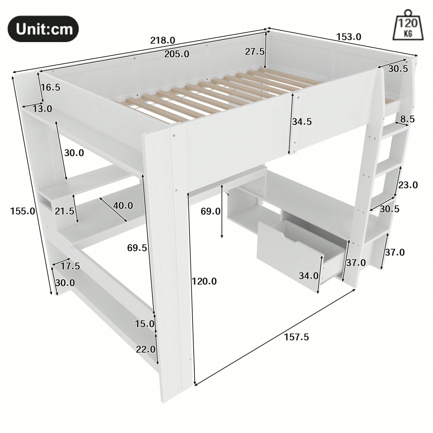 Gaming-Hochbett 140x200 cm mit Schreibtisch & LED-Beleuchtung – Inkl. Schubladen, Regalen & Arbeitsfläche – Weiß (ohne Matratze)